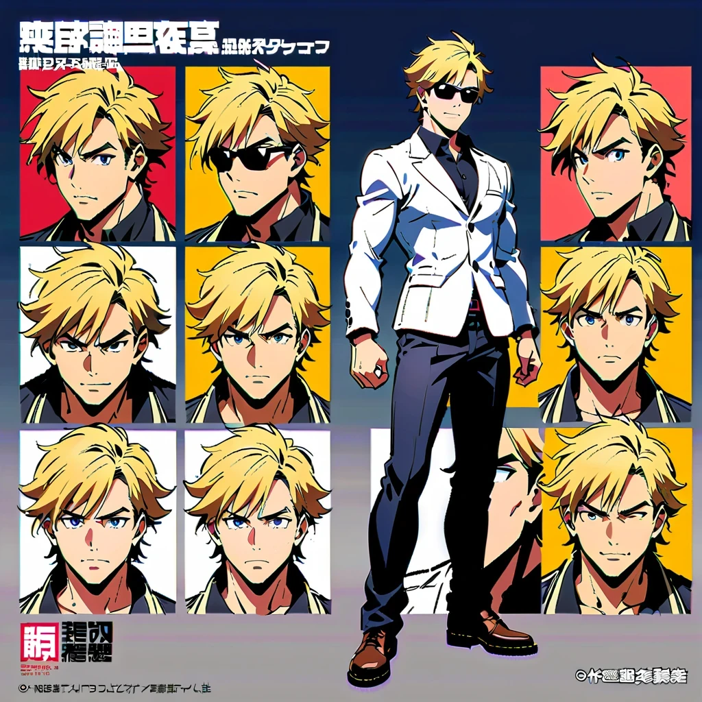 anime style characters, yellow hair, muscular man, Various poses and expressions, black sunglasses, black sleeveless shirt, white vest, long sleeve blazer, dark pants, Detailed full body concept art, Detailed anime character art, super cool, Inspired by concept art by Takanori Akiyama, Popular on Pixiv, Best Anime Character Design, Character reference table, Regeneration Stable Diffusion