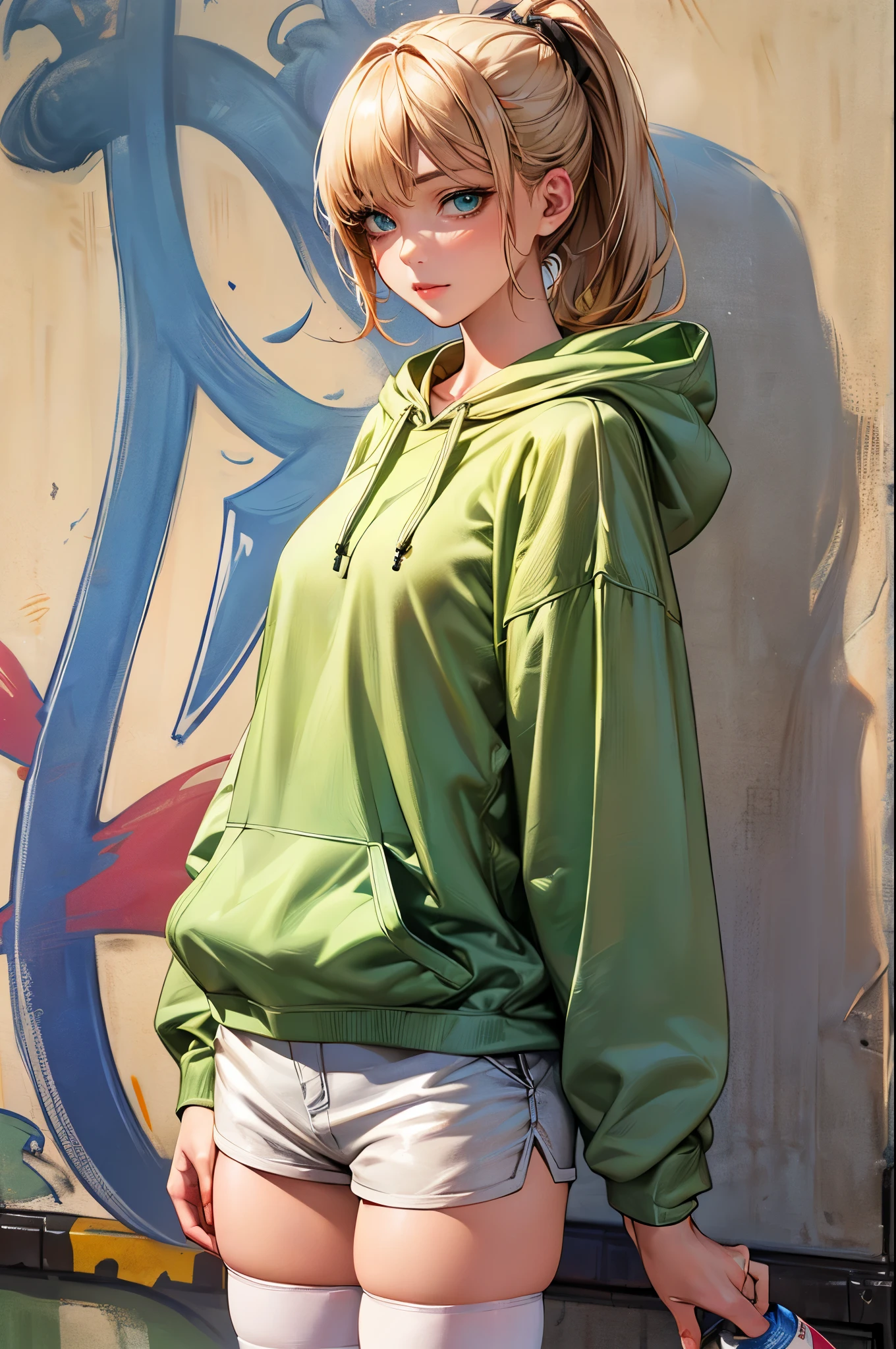 ((perfect anatomy:1.5,realistic,:1.3,RAW Photography:1.3,masterpiece、highest quality、Ultra - High resolution、High resolution、Highly detailed CG、8K)),cowboy shot,1 female,solo,20 year old beauty,(beautiful detailed face and eyes,big and gorgeous eyes),dark blue eyes,(blonde hair,ponytail hair,long hair,bangs),(medium breasts,slender body,small head,skinny, gleaming skin,oily skin,shiny skin)、standing position,holding a spray can in hand、((light green hooded sweatshirt,Oversized hooded sweatshirt,white_thighhighs,micro mini shorts)),bustling street、Graffiti art、Tokyo、