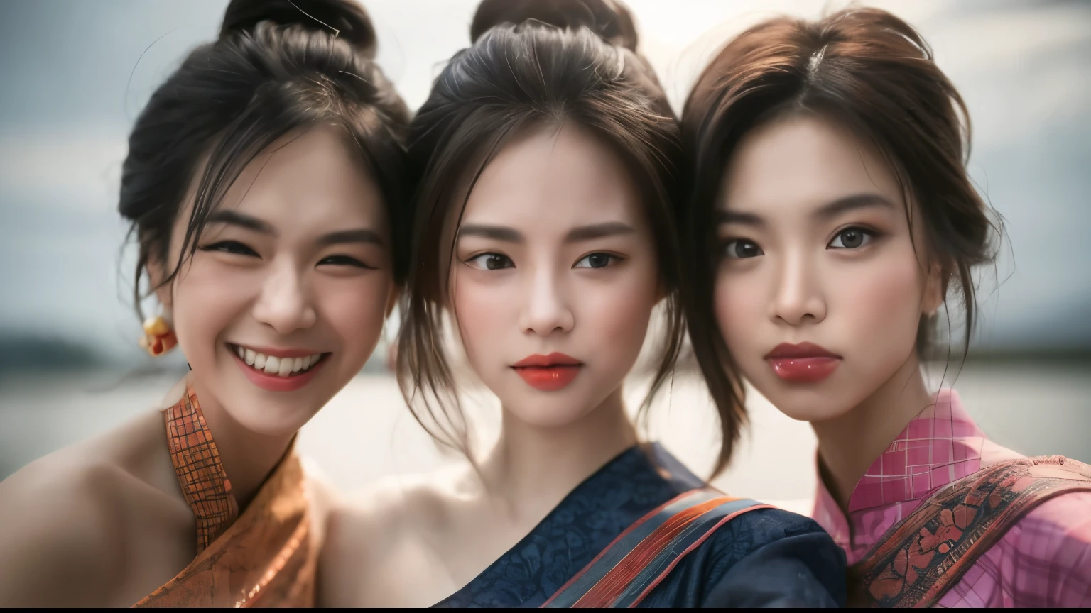 portrait photograph, 3 asian young womans (difference funny face or roll her eyes or pout her lips), doing random gesture, wears thai costume. white background and nature background, depth of field, 32K, HDR.
