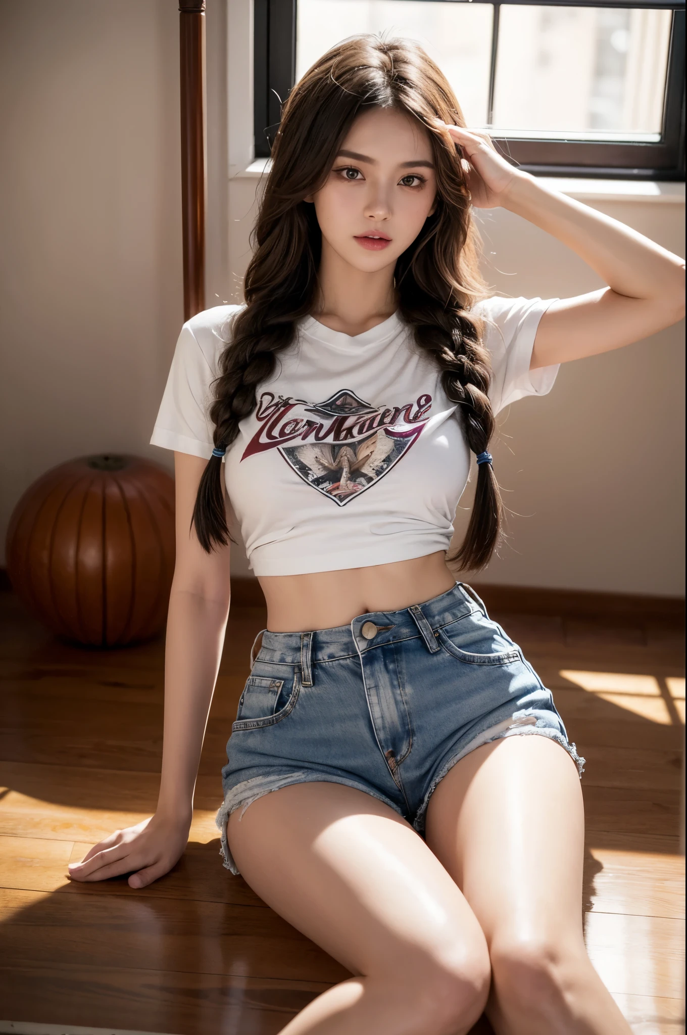 from belowshot on Sony a7R IV Mirrorless Camera, sexy 18yo white girl brunette, narrow waist, wide hips, wide thigh gap, beautiful detailed face, single braid, wearing a tie dye tee shirt , cinematic, floating temple, wants to get fucked, horny, bestj3an5, laying down, showing off her pussy, wearing cutoff jean shorts, pussy lips, detailed swollen virgin vagina visible, brandon, woelfel, style, lora, photography, lights, light, photo, night, neon (god rays, subliminal sexual gratification, light leak:1.1) Girls-Next-Door_Stephanie:.5, E-Girls_Mansion_Funkee:.5