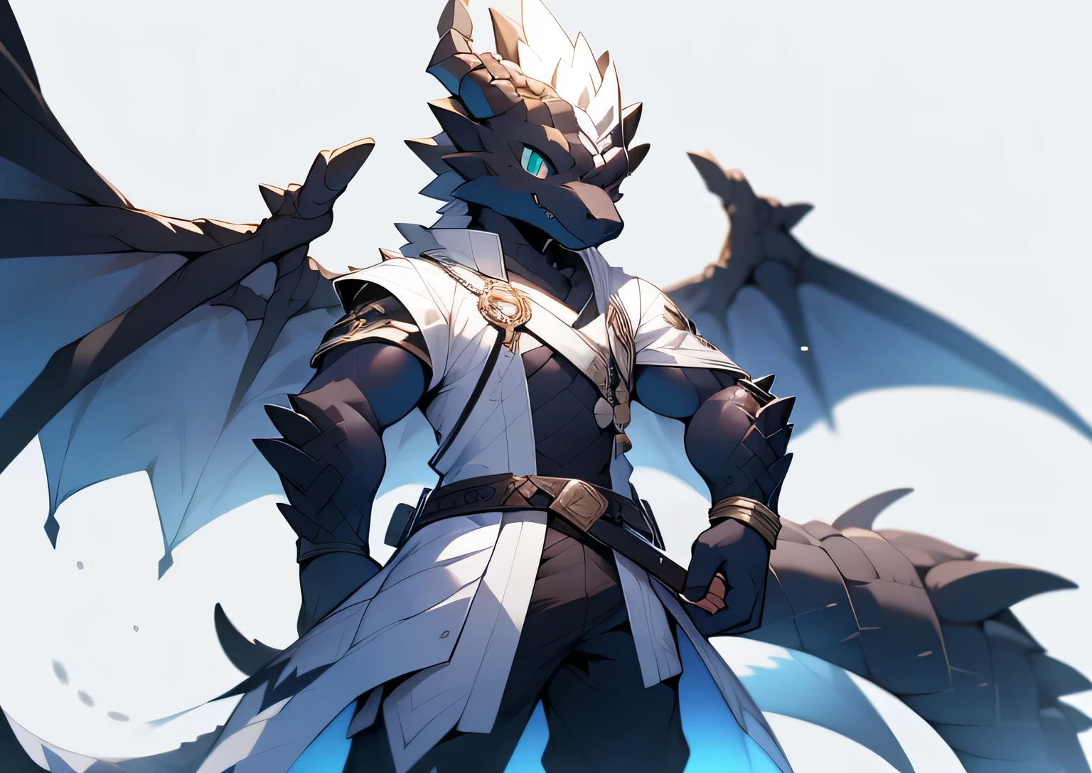 A dark black dragon,white belly、hand(像白hand套一样),dark black wings,dark black tail,turquoise eyes。Wearing a white coat,He wears a short sword at his waist