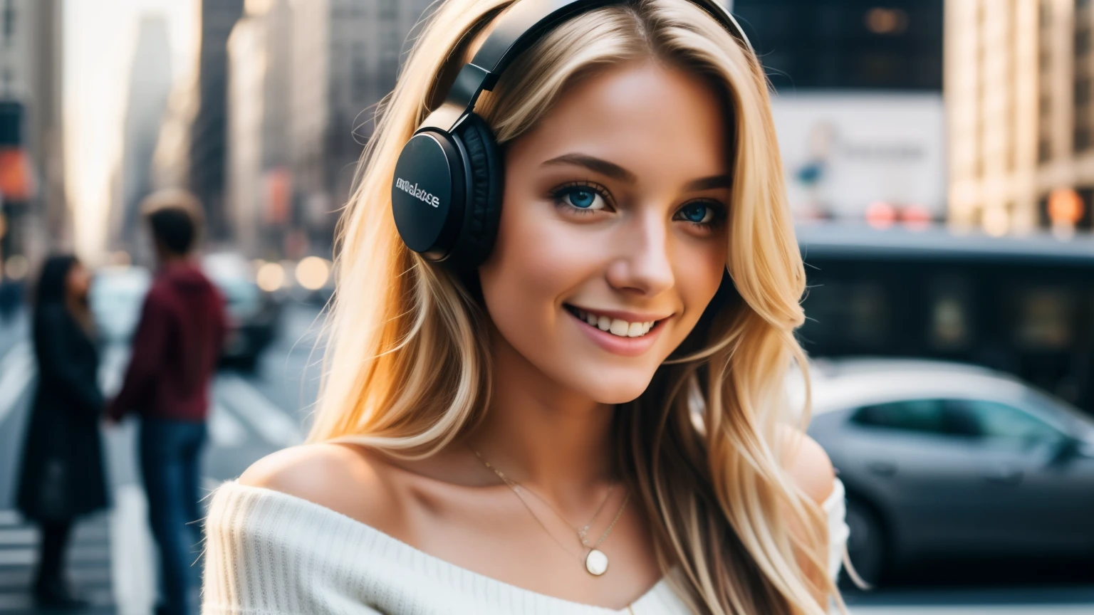 A woman with headphones standing on a city street. Girl, ((film grain, bokeh, light particles ,dust, extreme camera angle)), (Best Quality,4k,High resolution:1.2),ultra detailed,realist,portrait,white & Golden Palette,Long and flowing golden hairstyle., ((detailed red eyes)), Vampiric liquids,Radiant lighting,detailed facial features,dark background,Single man,in a white suit, Makeup artists do makeup for celebrities.:1.2), Best Quality, masterpiece, High resolution, original, extremely detailed wallpaper, perfect lighting,(Extremely detailed CGI:1.2), auricular, Madison Square Nueva York, traffic jam, auricular, smile, smile, smile, auricular, headset long loose white t-shirt, short sleeve t-shirt, t-shirt round neck tight pants