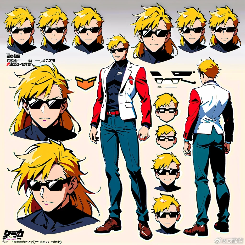 anime style characters, yellow hair, muscular man, Various poses and expressions, black sunglasses, black sleeveless shirt, white vest, long sleeve blazer, dark pants, Detailed full body concept art, Detailed anime character art, super cool, Inspired by concept art by Takanori Akiyama, Popular on Pixiv, Best Anime Character Design, Character reference table, Regeneration Stable Diffusion