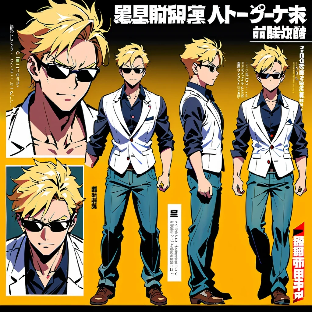 anime style characters, yellow hair, muscular man, Various poses and expressions, black sunglasses, black sleeveless shirt, white vest, long sleeve blazer, dark pants, Detailed full body concept art, Detailed anime character art, super cool, Inspired by concept art by Takanori Akiyama, Popular on Pixiv, Best Anime Character Design, Character reference table, Regeneration Stable Diffusion