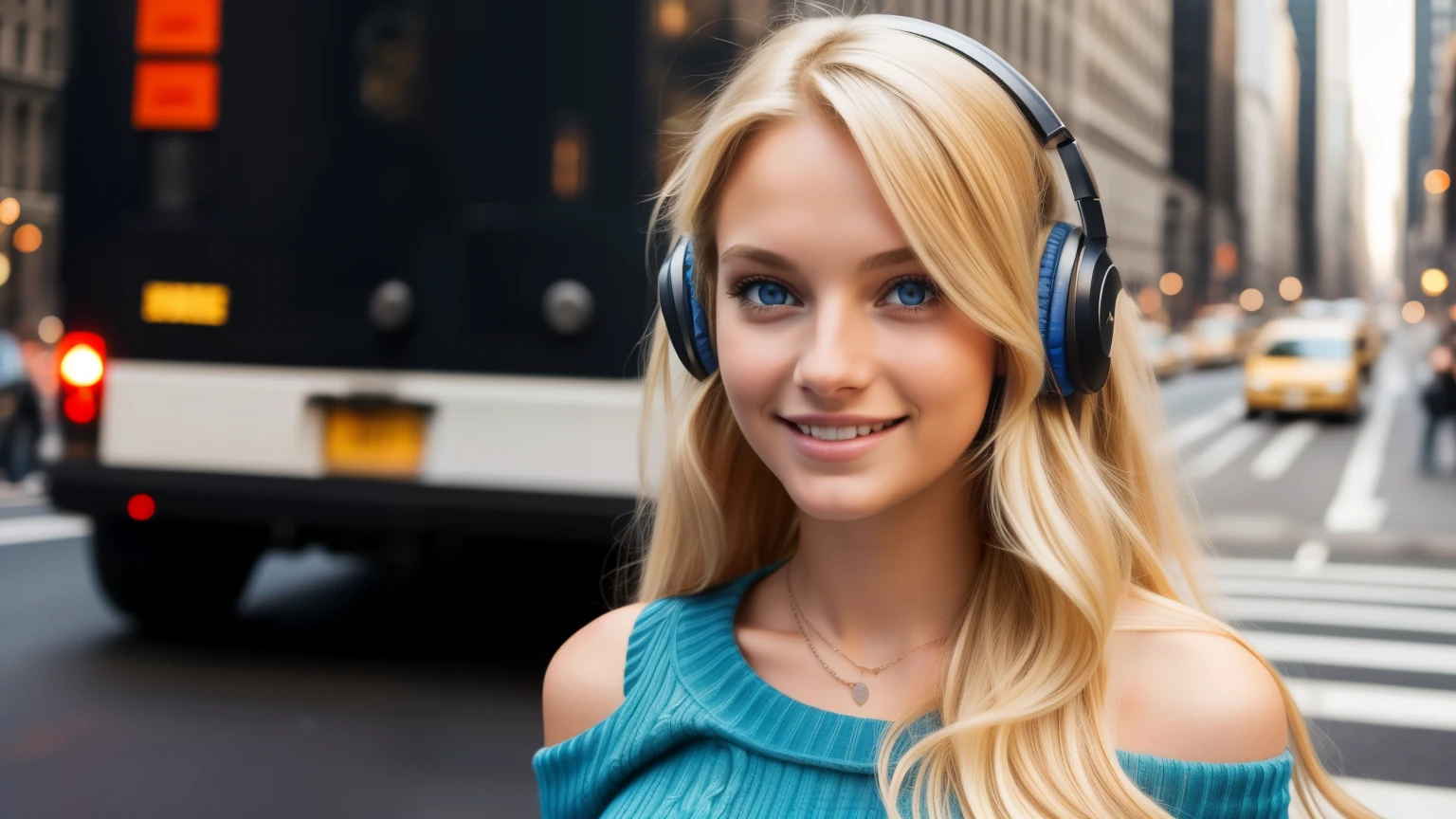 1girl in, age19, Solo, Long hair, Colossal , Looking at Viewer, long messy windy blonde hair, Blue eyes, Bare shoulders, jewely, Full body, a necklace, off shoulders, Sweaters, Realistic, A sexy, smile, headphone, Madison Square New York, Traffic jam