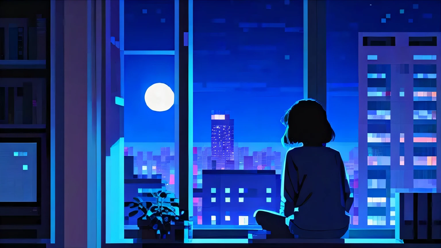 An illustration、lo-fi、girl、night、Cat、barely、computer、at the window、city