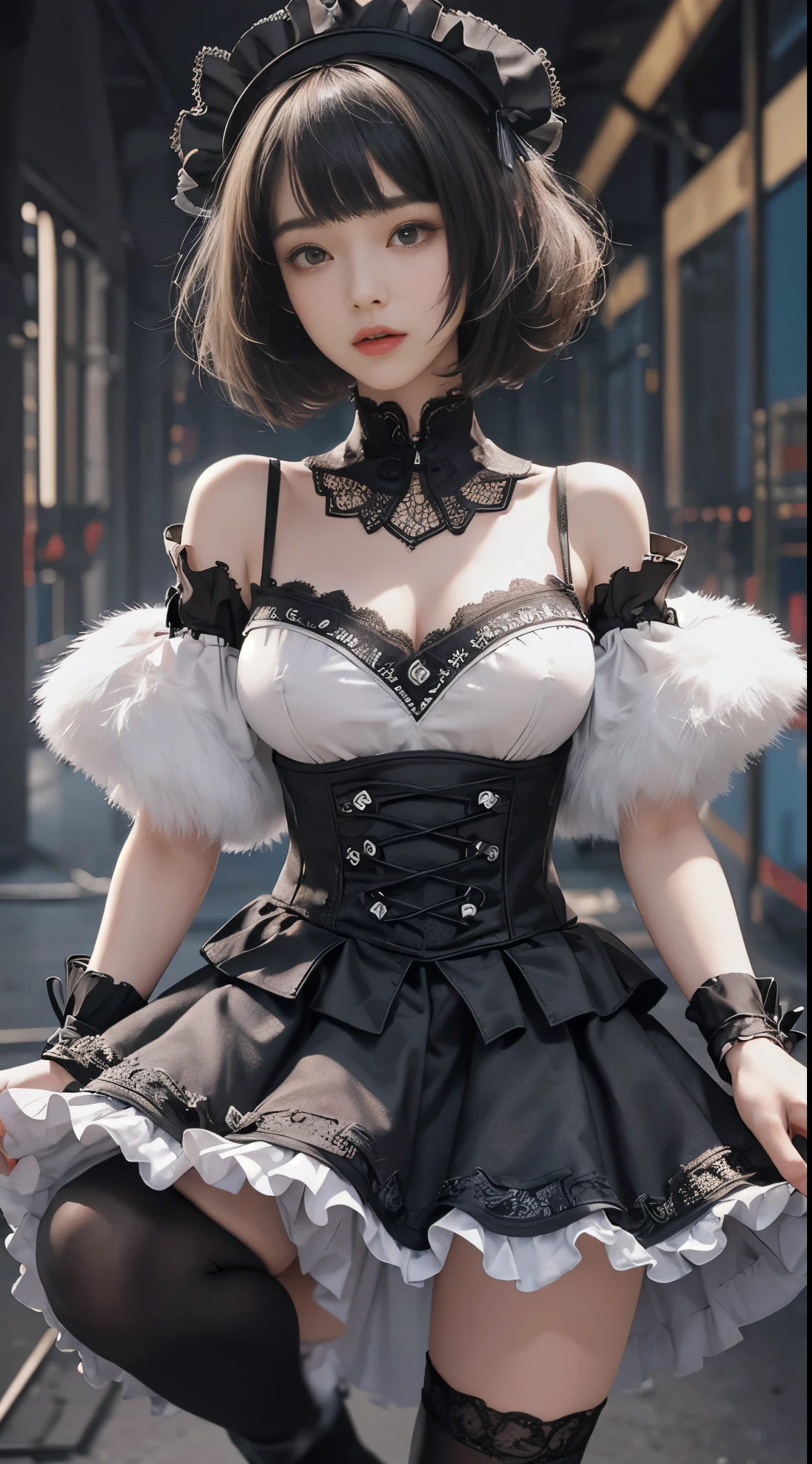 (((masterpiece, highest quality, Super detailed))), 1 female, (((very thin body))) , (((length, thin legs))), (((black short bob, thick fluffy bangs ))), (((highly detailed face))), No cosmetics, small and thin nose, thin mouth with small lips, (((Very sharp focused eyes))), Precise pale gray eyes with large slits, shine like a jewel, length eyelashes, ((Highly decorative intricate mechanical steampunk fashion, Lace Flare Mini Skirt, above the knee lace stockings, Lace Off Shoulder ta Fashion, Overly decorative fashion)), Abandoned Night, Complex mechanized steampunk factory catches fire and explodes, (((Overall accuracy has been dramatically improved, creating a Super detailed and realistic image))), super realistic photos.
