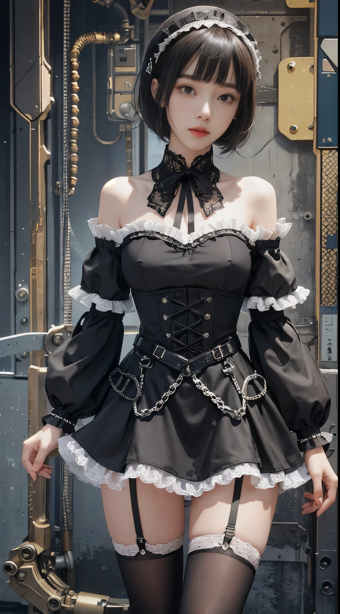 (((masterpiece, highest quality, Super detailed))), 1 female, (((very thin body))) , (((length, thin legs))), (((black short bob, thick fluffy bangs ))), (((highly detailed face))), No cosmetics, small and thin nose, thin mouth with small lips, (((Very sharp focused eyes))), Precise pale gray eyes with large slits, shine like a jewel, length eyelashes, ((Highly decorative intricate mechanical steampunk fashion, Lace Flare Mini Skirt, above the knee lace stockings, Lace Off Shoulder Lolita Fashion, Overly decorative fashion)), Abandoned Night, Complex mechanized steampunk factory catches fire and explodes, (((Overall accuracy has been dramatically improved, creating a Super detailed and realistic image))), super realistic photos.