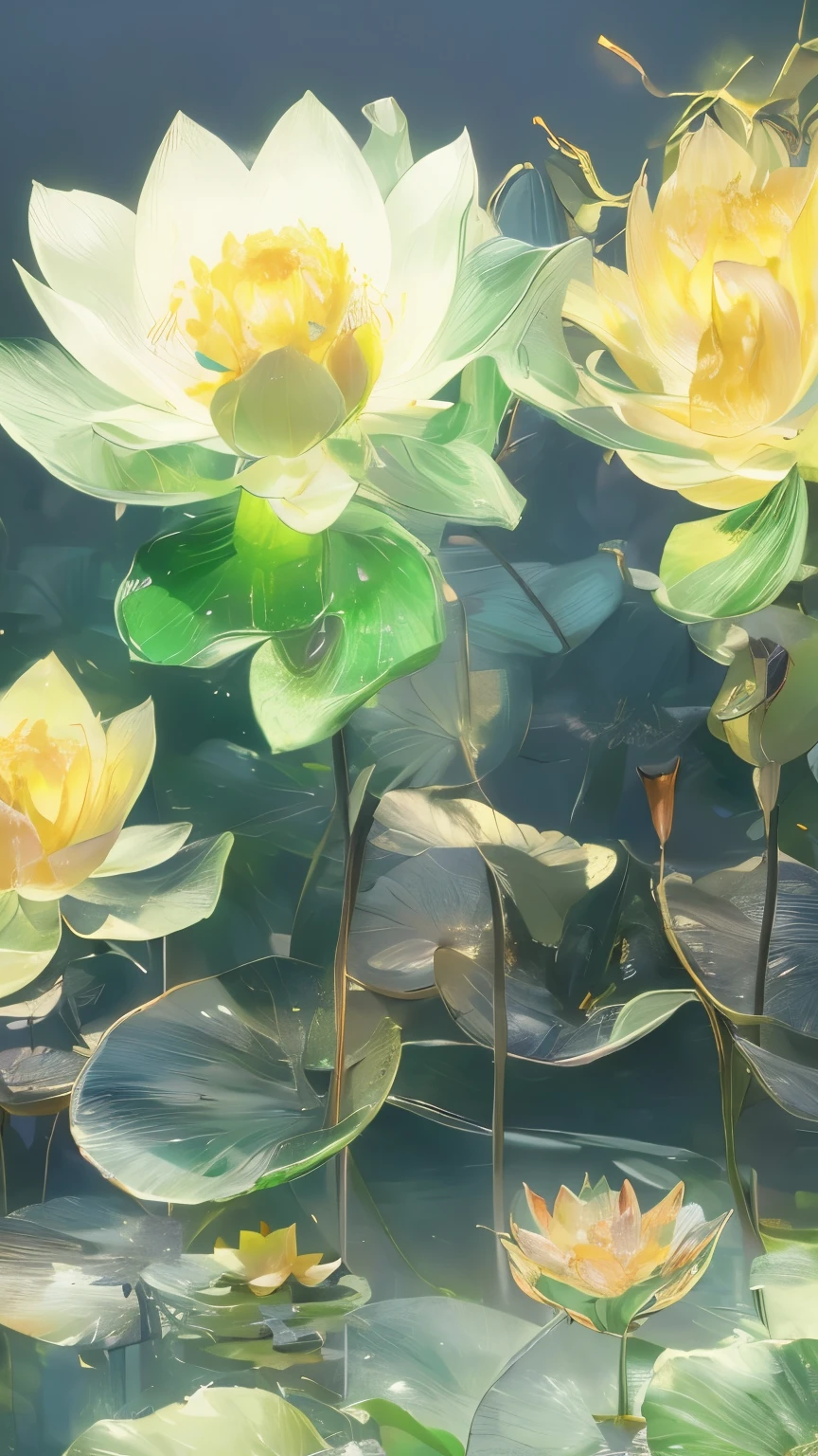 ((There is only one lotus leaf)),golden colored,green color,vein,Glass texture、Light,Spectral light, Gradient translucent glass melt, Caustics, cleanness