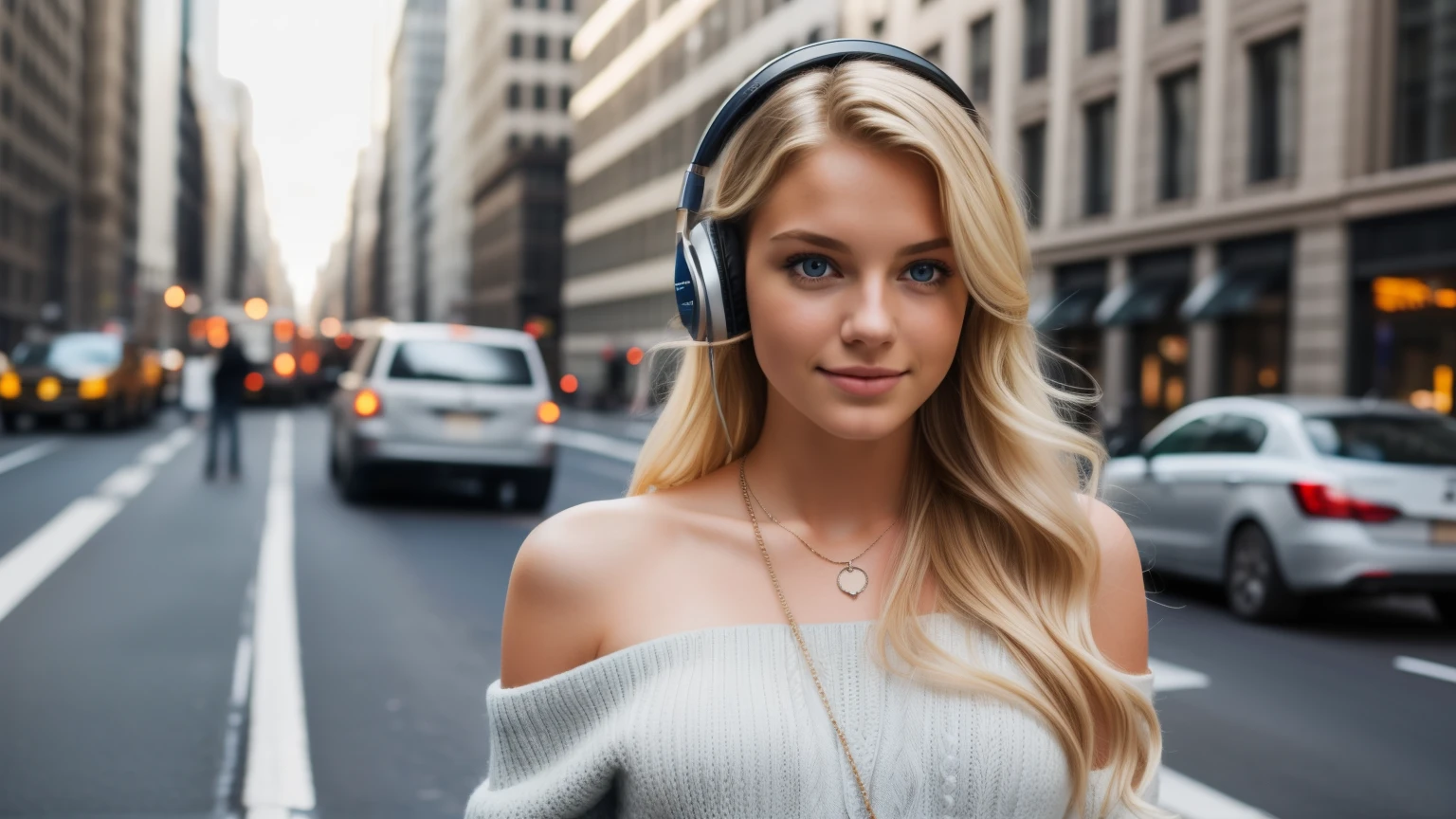 1girl in, age19, Solo, Long hair, Colossal , Looking at Viewer, long messy windy blonde hair, Blue eyes, Bare shoulders, jewely, Full body, a necklace, off shoulders, Sweaters, Realistic, A sexy, smile, headphone, Madison Square New York, Traffic jam
