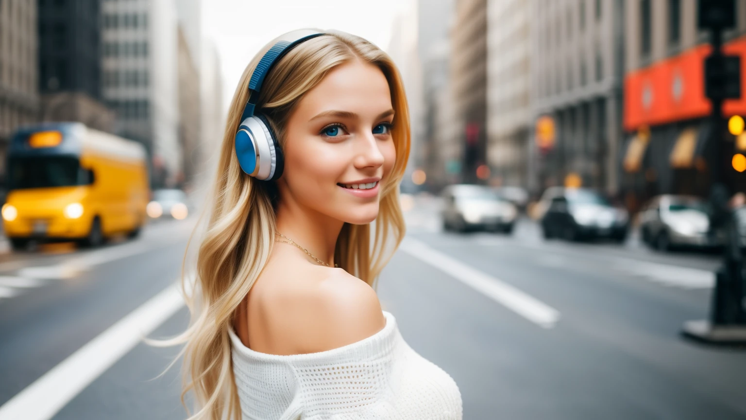 1girl in, age19, Solo, Long hair, Colossal , Looking at Viewer, long messy windy blonde hair, Blue eyes, Bare shoulders, jewely, Full body, a necklace, off shoulders, Sweaters, Realistic, A sexy, smile, headphone, Madison Square New York, Traffic jam