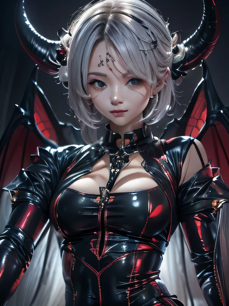 masterpiece, Raw photo，photorealism，High resolution，highest quality，High resolution, perfect composition, perfect face, perfect body, 16k，cinematic lighting，silver hair，Succubus，whip，latex，black，Charm，devilの城の背景、devil&#39;Costume with visible collarbone、close up of face、very short hair、