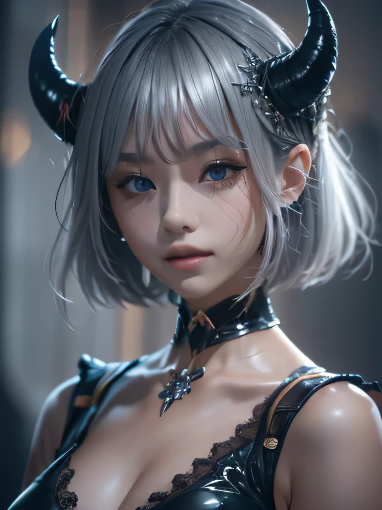 masterpiece, Raw photo,photorealism,High resolution,highest quality,High resolution, perfect composition, perfect face, perfect body, 16k,cinematic lighting,silver hair,Succubus,whip,latex,black,Charm,devilの城の背景、devil'Costume with visible collarbone、close up of face、very short hair、