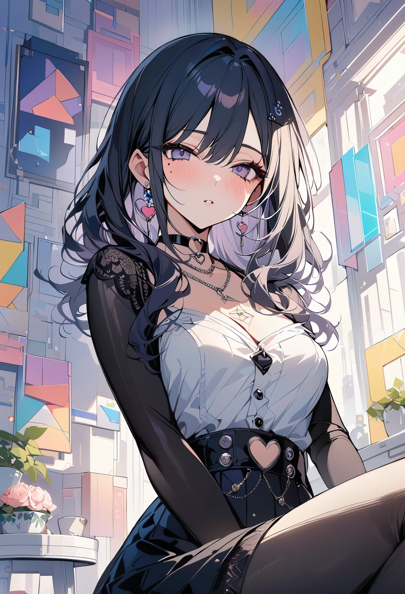 ,beautiful flower々）,mole under eye, heart shaped choker, (masterpiece, highest quality), official art, beautiful and aesthetic: 1.2), (1 girl), very detailed, (geometry art: 1.3), colorful