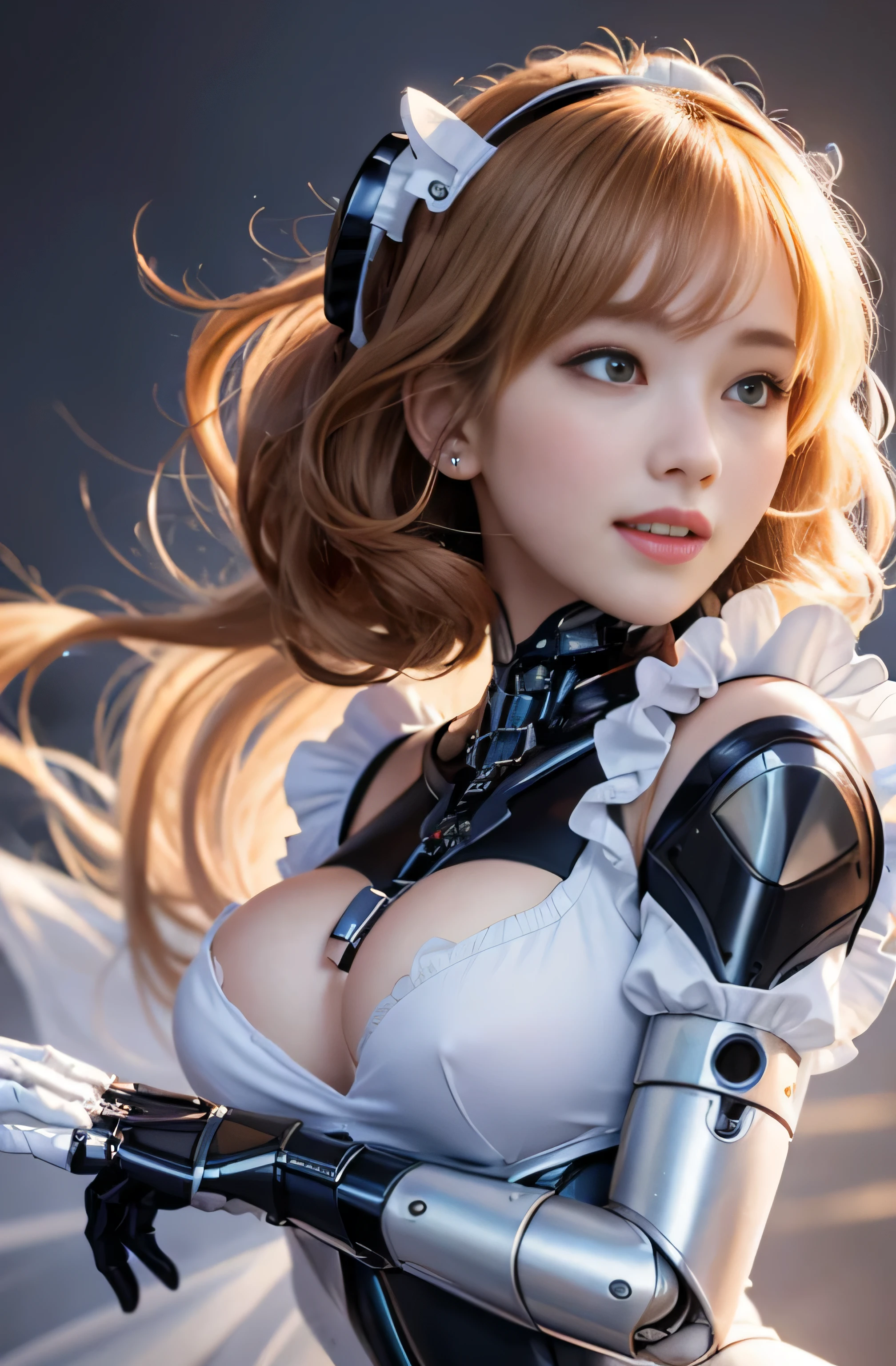 Shining robot cybergirl with cybernetic arm,(Transparent and revealing clothing:1.3, ),(Maid robot cyber girl wearing a fluffy maid outfit:1.3), (robot glowing behind:1.3),Shiny light brown and orange striped short hair,cute smile,perfect round face,A cheerful smile that makes everyone happy,suitable body shape,pieces fly,Ultra high quality output image,High resolution,exquisite details,Her hair blowing in the wind is so delicate and beautiful,realistic pictures,dream,professional lighting,realistic shadow,focus only,beautiful hands,beautiful fingers,Detailed functions of fingers,Detailed features of garments,Detailed characteristics of hair,detailed facial features,