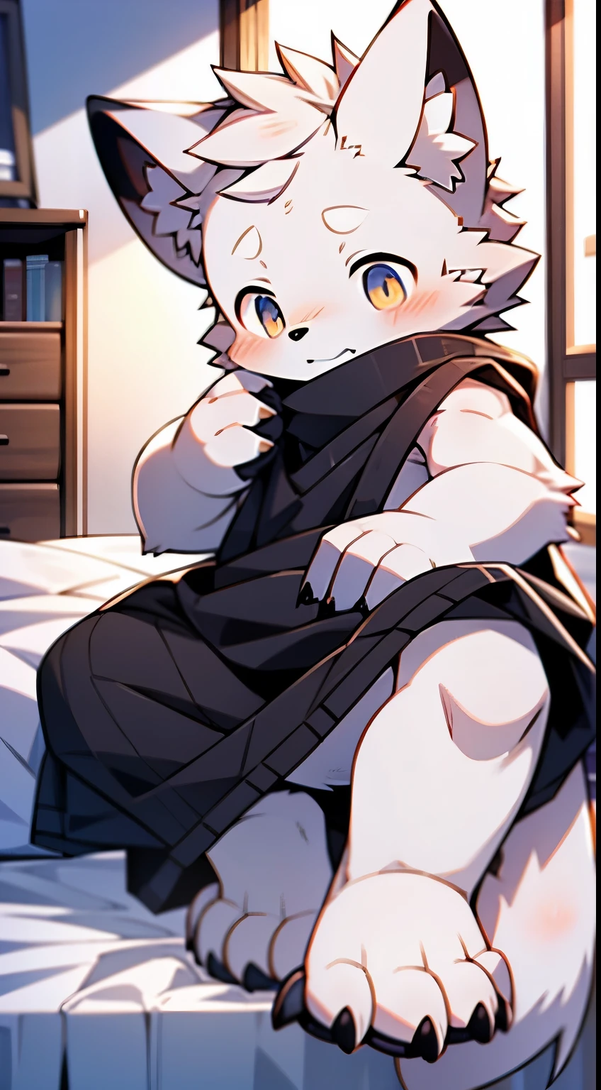 hairy，white fur，male，canine，arctic fox，the only person，sharp claws，Fine hairs，golden eyes，thick eyebrows，hairy的尾巴，naked，wear red，super detailed：1.0，on the bed，Detailed background，horny boy，toddler，（dagasi street：1.1），anatomically correct