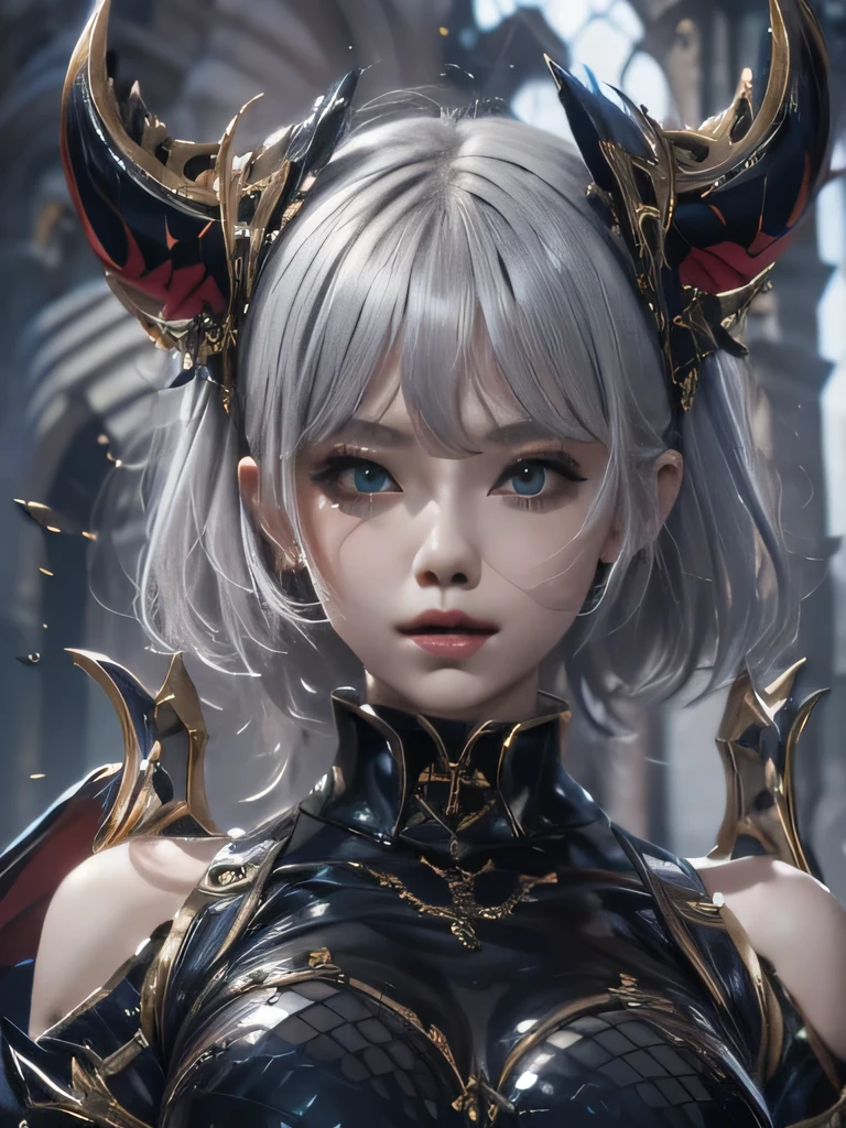 masterpiece, Raw photo,photorealism,High resolution,highest quality,High resolution, perfect composition, perfect face, perfect body, 16k,cinematic lighting,silver hair,Succubus,whip,latex,black,Charm,devilの城の背景、devil'Costume with visible collarbone、close up of face、very short hair、