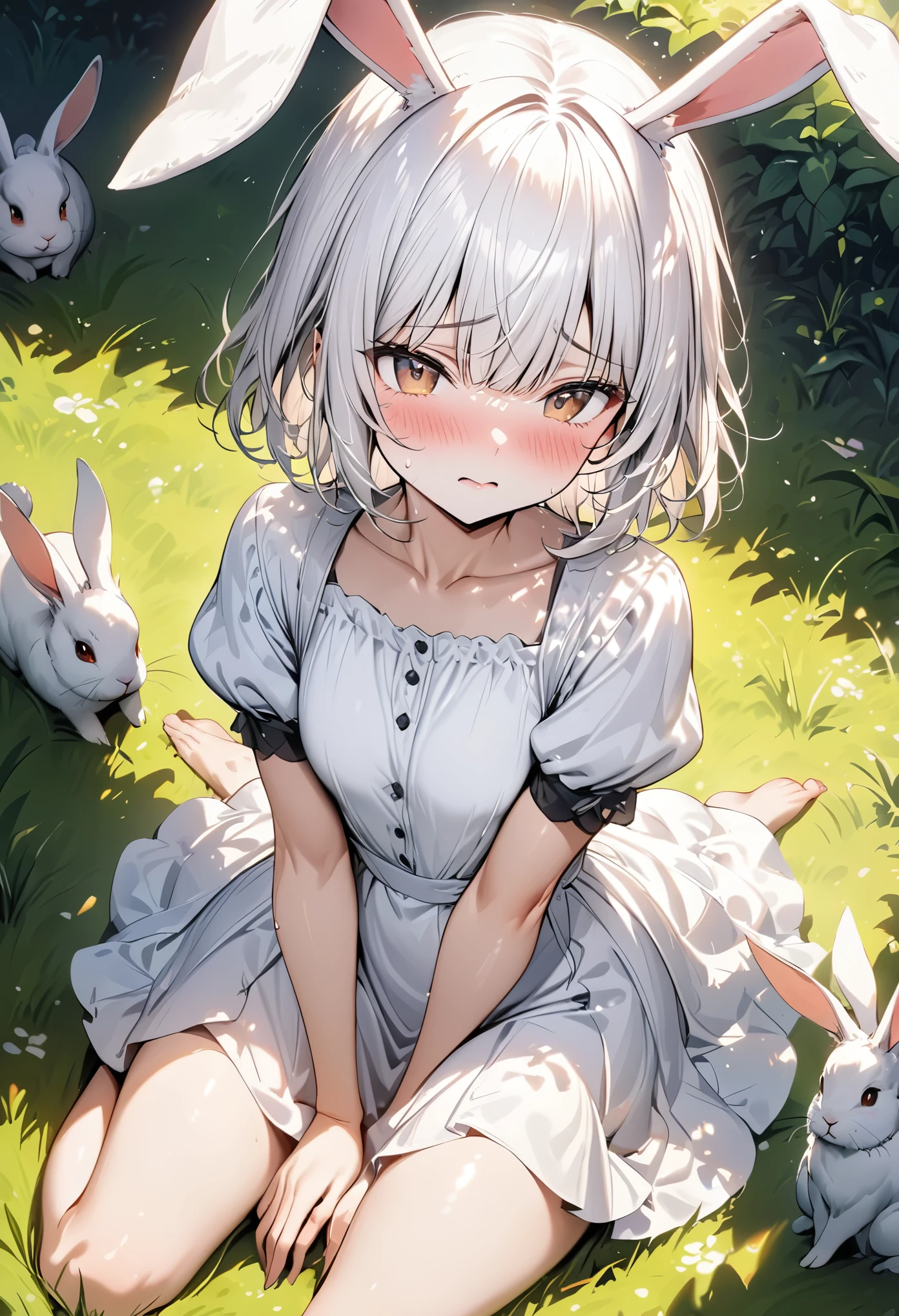 ((masterpiece, best quality)),1 girl, alone, animal ears, rabbit, barefoot, skirt, sitting, rabbit ears, short sleeves, (tease, Shy, blush: 1.3), looking at the audience, Grass, short hair, white hair, puff sleeves, outdoor, fluffy short sleeves, Bangs, on the ground, whole body, animal, white dress, Sunlight, brown eyes, mottled Sunlight, daytime,