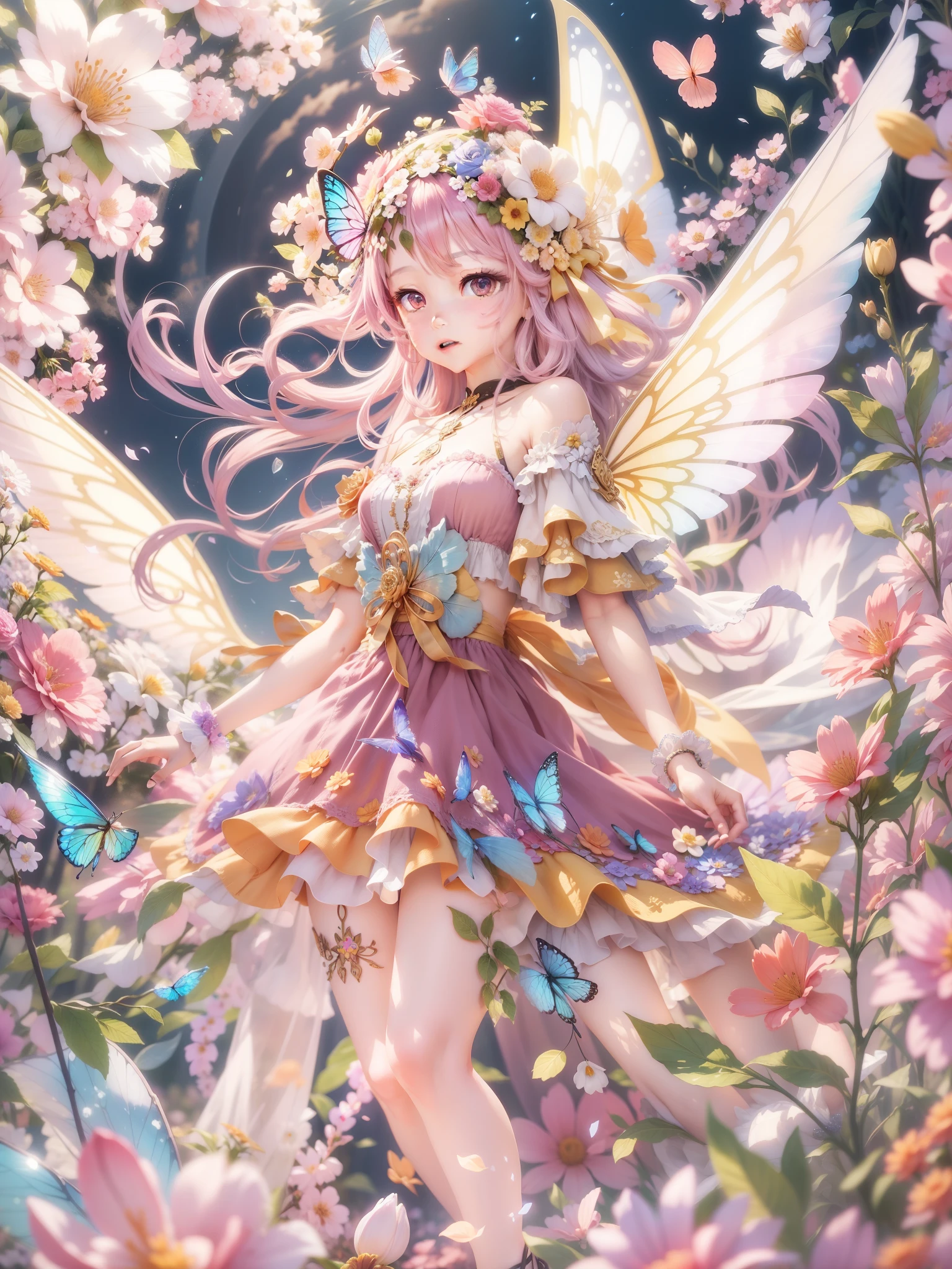 flower fairy、transparent and colorful wings、