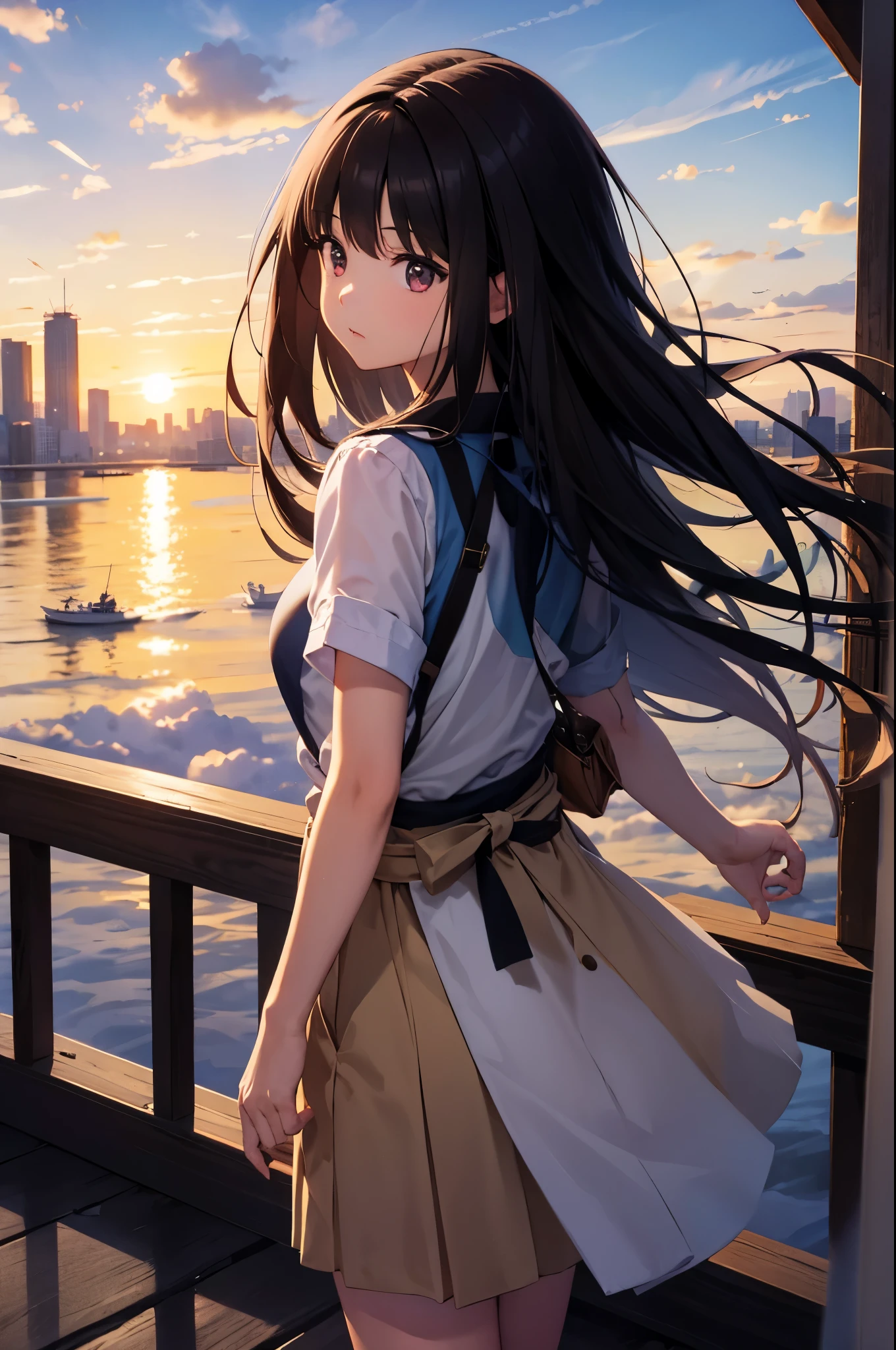 Image Quality　original characters、city girl、summer clothing、long black hair、A city made of Japanese glass wind chimes、huge entrance cloud、sunset