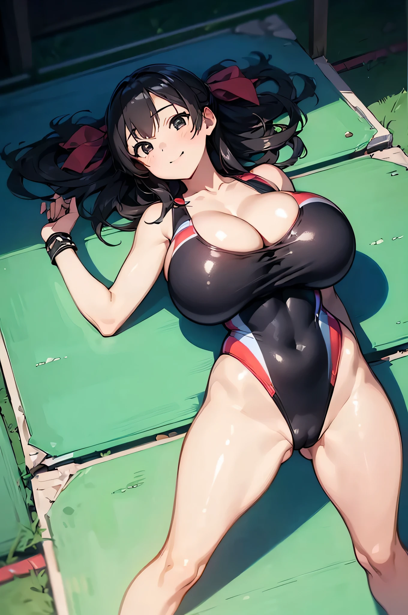 (1 girl:1.5),(behind:2.0),(Smile Beam:1.5),(full body),((huge breasts:1.5)),(huge saggy breasts:1.5), ((cleavage:1.5)),((Swimsuit:1.5)),((High leg:1.5), 25 years old,masterpiece,hyper quality, very detailed,perfect picture,3D,8K,High resolution,seductive anime girl, medium hair:1.3,black hair,(black eye:1.5),sporty hairstyle,Smooth anime CG art,