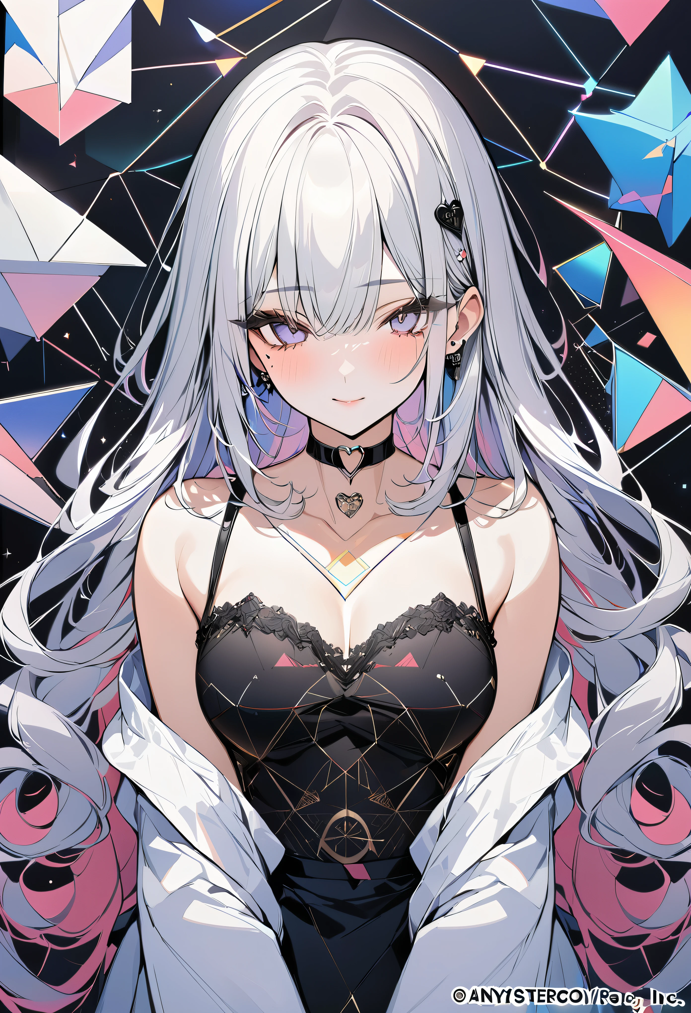 ,beautiful flower々),mole under eye, heart shaped choker, (masterpiece, highest quality), official art, beautiful and aesthetic: 1.2), (1 girl), very detailed, (geometry art: 1.3), colorful