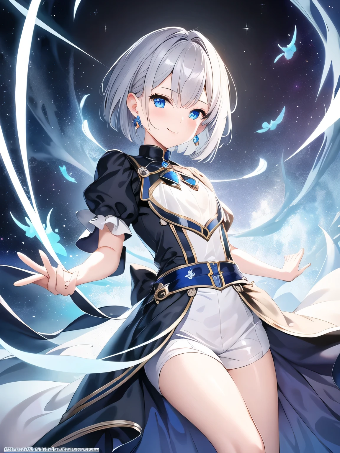 (masterpiece), highest quality, blue eyes, light gray hair,(short bob hair)、expressive eyes,A mysterious sight , highlight, dramatic lights, Black and White Fantasy Wizard Costume、earrings、smiling face、((small chest moonlit night background、The effect of raising one hand to the sky and collecting energy at the end