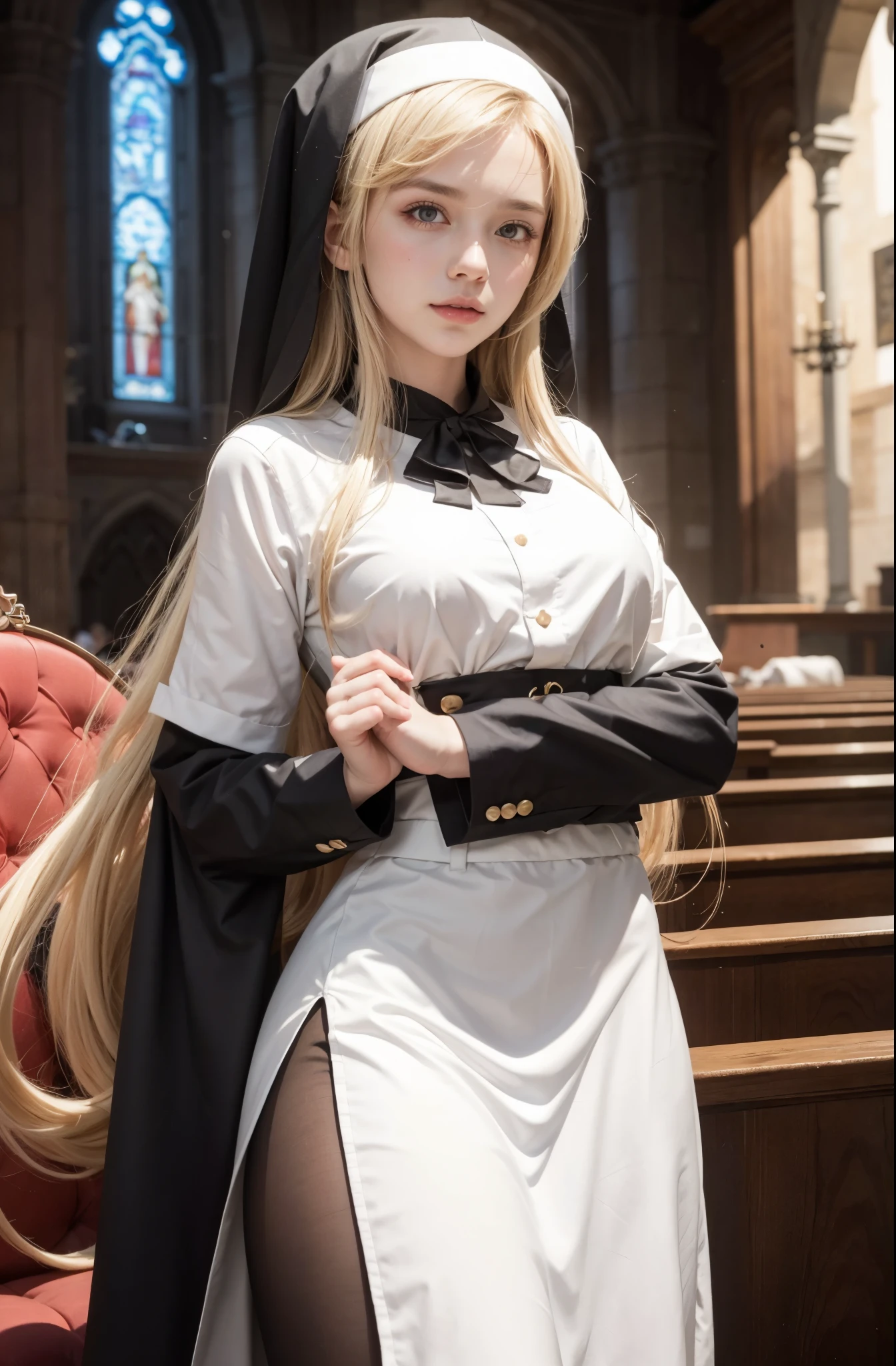 personaje hermosa vestido con un traje de monja de pie en una iglesia, traje de monja, dressed like a clergyman, pintado en estudio de foto realismo, arte cg real suave, modelo de monja, hecho con estudio de pintor anime, Detalles finos. chicas de primera linea, from chicas de primera linea, pretty female clergyman, chicahermosa disfrazada de sirvienta, obra de arte al estilo de guweiz, marin kitagawa fan art