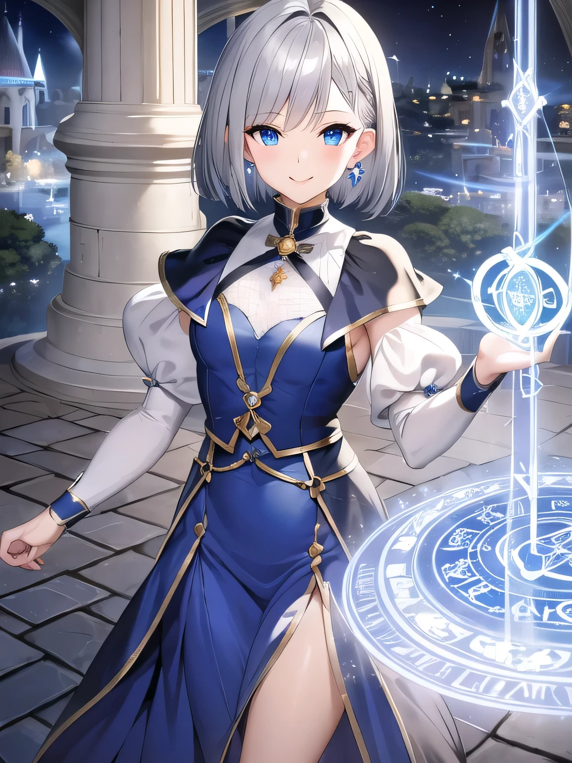(masterpiece), highest quality, blue eyes, light gray hair,(short bob hair)、expressive eyes,A mysterious sight , highlight, dramatic lights, Black and White Fantasy Wizard Costume、earrings、smiling face、((small chest moonlit night background、A mysterious magic circle is drawn on the ground..、ready to cast the spell
