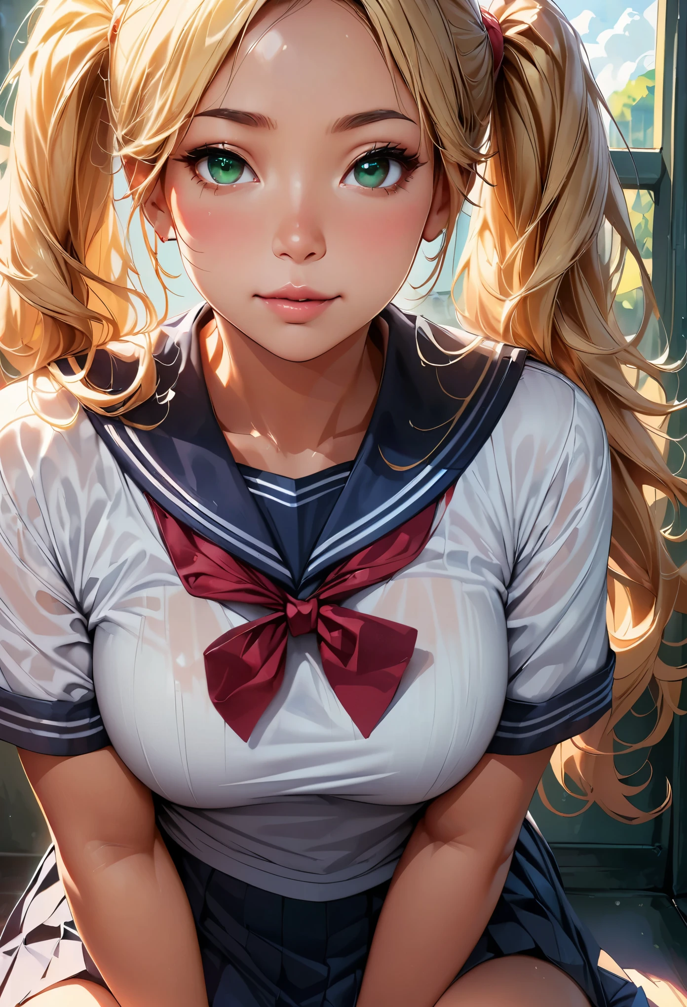concept:美しいwomanの肖像画。 quality:(最高quality, 4k, High resolution, masterpiece:1.2), Super detailed, (realistic, フォトrealistic:1.37), lighting effects:strong contrast, Bright colors and mesmerizing effects, Soft and delicate lighting, gentle shine, Subject information:alone, ((woman)), (round eyes), (small face), (high detail skin:1.2), long eyelashes, glossy lips, (blonde, twin tails, green eyes), (slim body shape), Highly detailed face and skin texture, (Joyful), (sailor suit), droopy eyes, look up, upper glance, seductive thighs, Other details:school classroom:1.5, beautiful skin, shiny skin, perfect fingers, five fingers, anatomically correct, background bokeh, ultra wide angle lens, 22㎜, f/1.2, photo shoot,