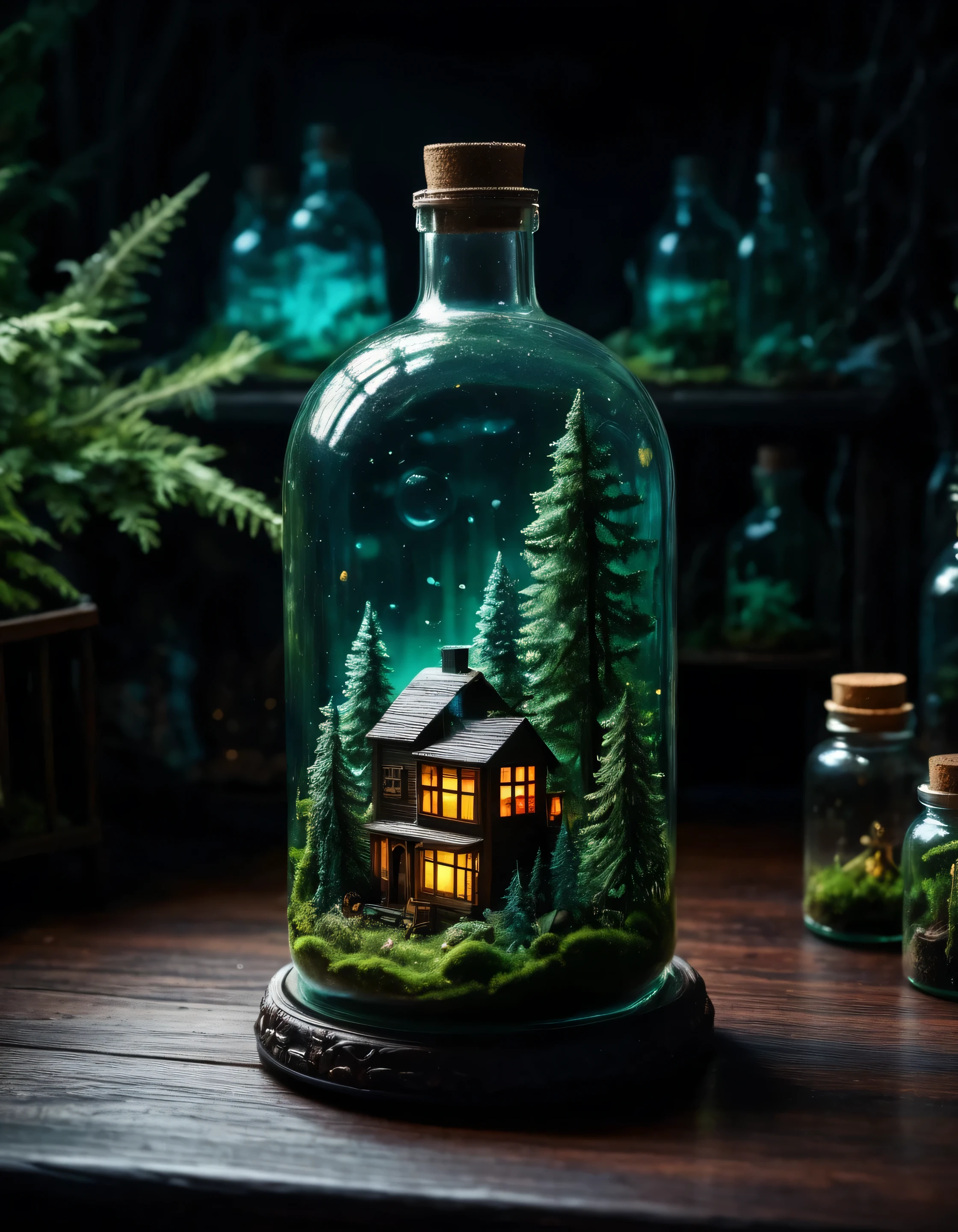An intricate forest mini-town landscape trapped in a bottle, on a table, , dark aesthetic, , vibrant colors forest background, epic composition, atmospheric-lighting (detailed high quality highres high saturation) vibrant colors