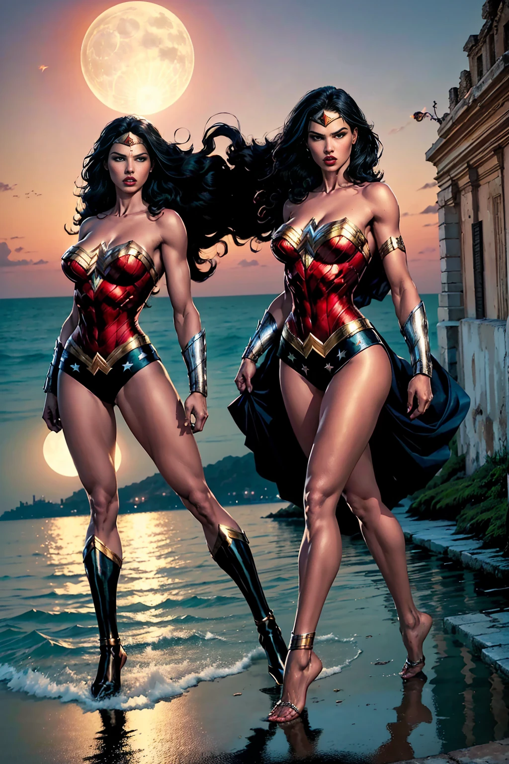 ((Full body photo, standing, feet on the ground)) (Adriana Lima :1.1) Red lips, green eyes in beautiful Havana Cuba ocean,((Full-length photo, standing, feet on the ground)) Wonder Woman stands imposingly in a Themyscira city. The moonlight highlights your muscles. The scenery is lush. The camera details everything, a warrior woman, in front of you.

