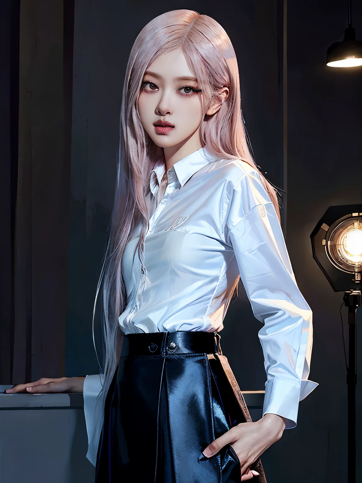 ((Realistic lighting, Best Quality, 8K, Masterpiece: 1.3)), Focus: 1.2, 1girl, Pink hair, Perfect Beauty: 1.4, Slim Abs: 1.1, (White Shirt: 1.4), ( Super Fine Face, Fine Eyes, Double Eyelids,Gorgeous,Jewelry,Dynamic Posing,standing Pose,Dramatic,Cinematic,Detailed background,RAW photography、超A high resolution、show legs，close-up all over the body，Hand optimization），（Details are strengthened），（High Picture Quality）model shoot、Wearing a black skirt、Beautiful Eyes of Details、Very slender eyes、Beautiful eyelashes、beautiful double eyelid