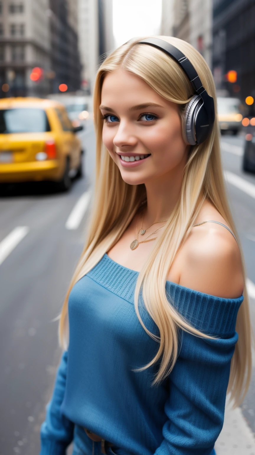 1girl in, age19, Solo, Long hair, Colossal , Looking at Viewer, long messy windy blonde hair, Blue eyes, Bare shoulders, jewely, Full body, a necklace, off shoulders, Sweaters, Realistic, A sexy, smile, headphone, Madison Square New York, Traffic jam