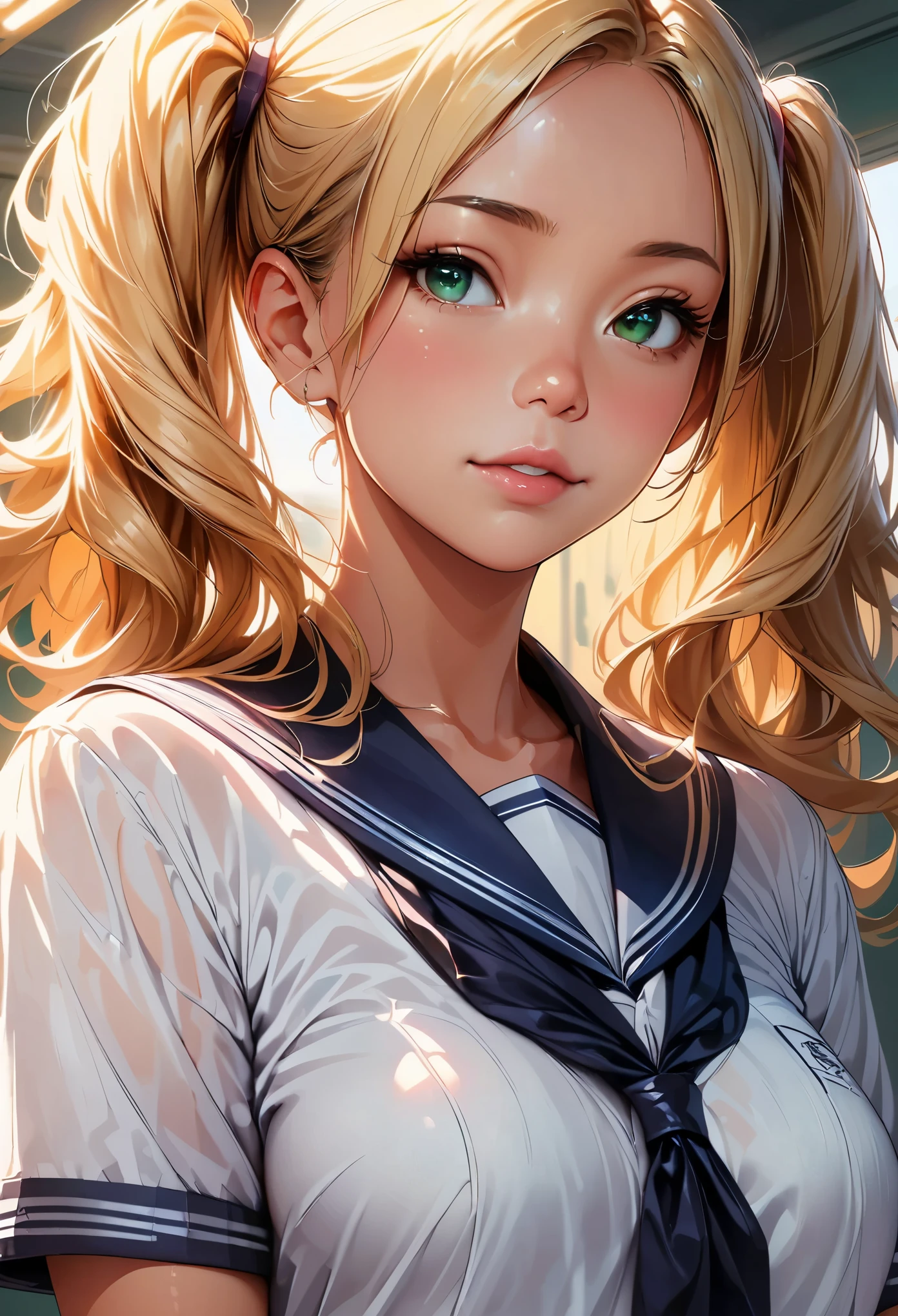 concept:美しいwomanの肖像画。 quality:(最高quality, 4k, High resolution, masterpiece:1.2), Super detailed, (realistic, フォトrealistic:1.37), lighting effects:strong contrast, Bright colors and mesmerizing effects, Soft and delicate lighting, gentle shine, Subject information:alone, ((woman)), (round eyes), (small face), (high detail skin:1.2), long eyelashes, glossy lips, (blonde, twin tails, green eyes), (slim body shape), Highly detailed face and skin texture, (Joyful), (sailor suit), droopy eyes, look up, upper glance, seductive thighs, Other details:school classroom:1.5, beautiful skin, shiny skin, perfect fingers, five fingers, anatomically correct, background bokeh, ultra wide angle lens, 22㎜, f/1.2, photo shoot,