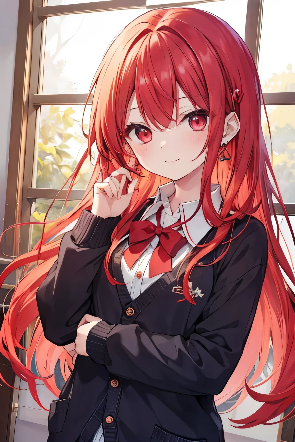 red hair red eyes、 girl、small breasts、long hair、smile、gal girl、wearing cute earrings、uniform、knit cardigan、Add highlights around the eyes、cute hairpin、I can see the whole body、A childhood friend who came to wake me up in the morning