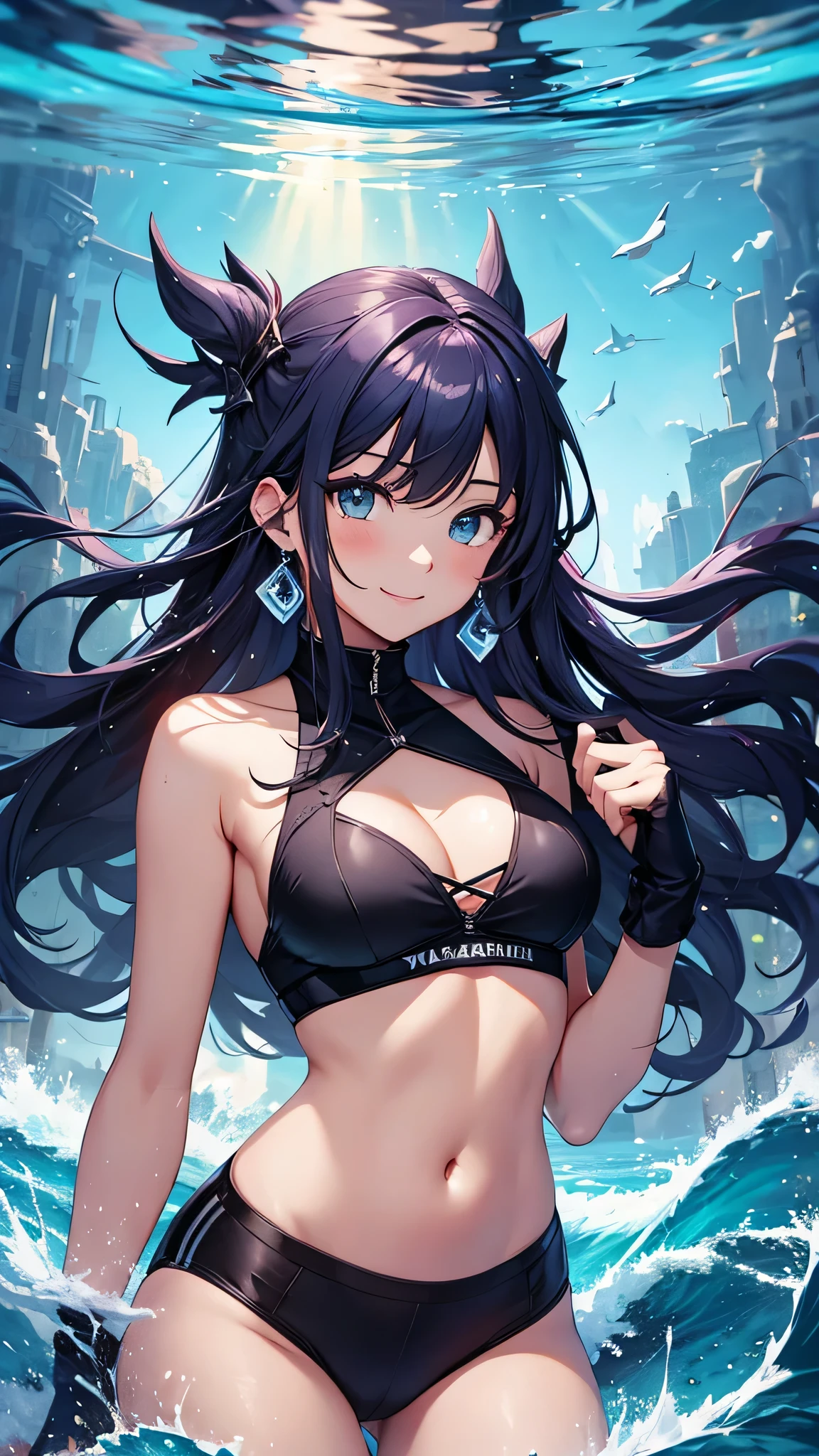 最high quality、best image quality、masterpiece、girl((20-year-old、 By becoming、vest bust、medium bust,wide open breast tea、shining eyes, Water feathers、long hair、thin,highest valley、blue sports bra、blue sports pants,diamond earrings、Wristband、black gloves、swim、Ocean、smile、smile)),high quality、beautiful art、background((深Ocean、Ocean、shark、))、Flight、debris flies、Depth of written boundary、movie、visual art、perfect art、8K,genuine、Oceanアート、anime style