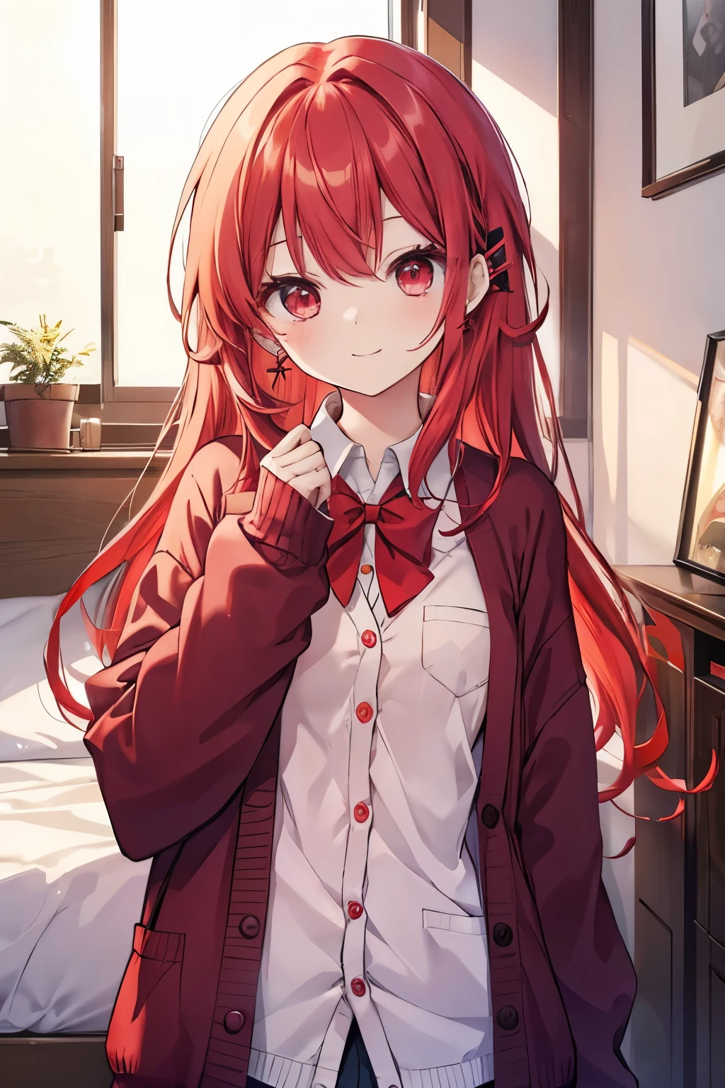 red hair red eyes、 girl、small breasts、long hair、smile、gal girl、wearing cute earrings、uniform、knit cardigan、Add highlights around the eyes、cute hairpin、I can see the whole body、A childhood friend who came to wake me up in the morning