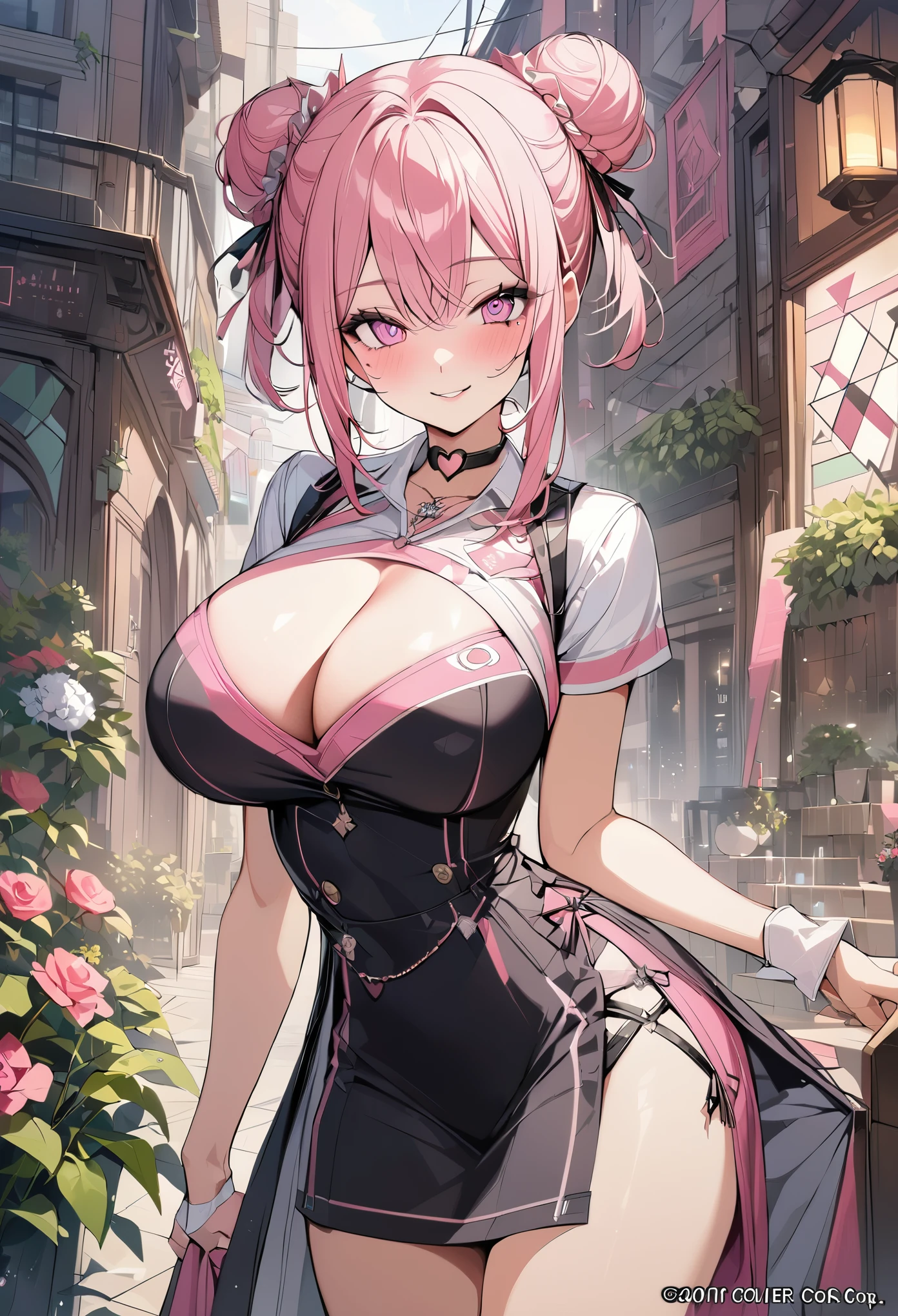 1 girl, pink long bun hair, heart shaped eyes, ♡, big breasts, Stewardess clothes, {girl with pink long bun hair named Nami}, (Pink eye color), {downtown}, (smile), bright background , mole under eye, heart shaped choker, (masterpiece, highest quality), very detailed, highest quality, official art, beautiful and aesthetic: 1.2), (1 girl), very detailed, (geometry art: 1.3), colorful, most detailed ?d1 girl, pink long bun hair, Eye of the symbol, +__+, big breasts, gothic costume, {A girl with long pink bun hair named Nami}, (Pink eye color), {downtown}, (smile), bright background, （garden,beautiful flower々）,mole under eye, heart shaped choker, (masterpiece, highest quality), official art, beautiful and aesthetic: 1.2), (1 girl), very detailed, (geometry art: 1.3), colorful