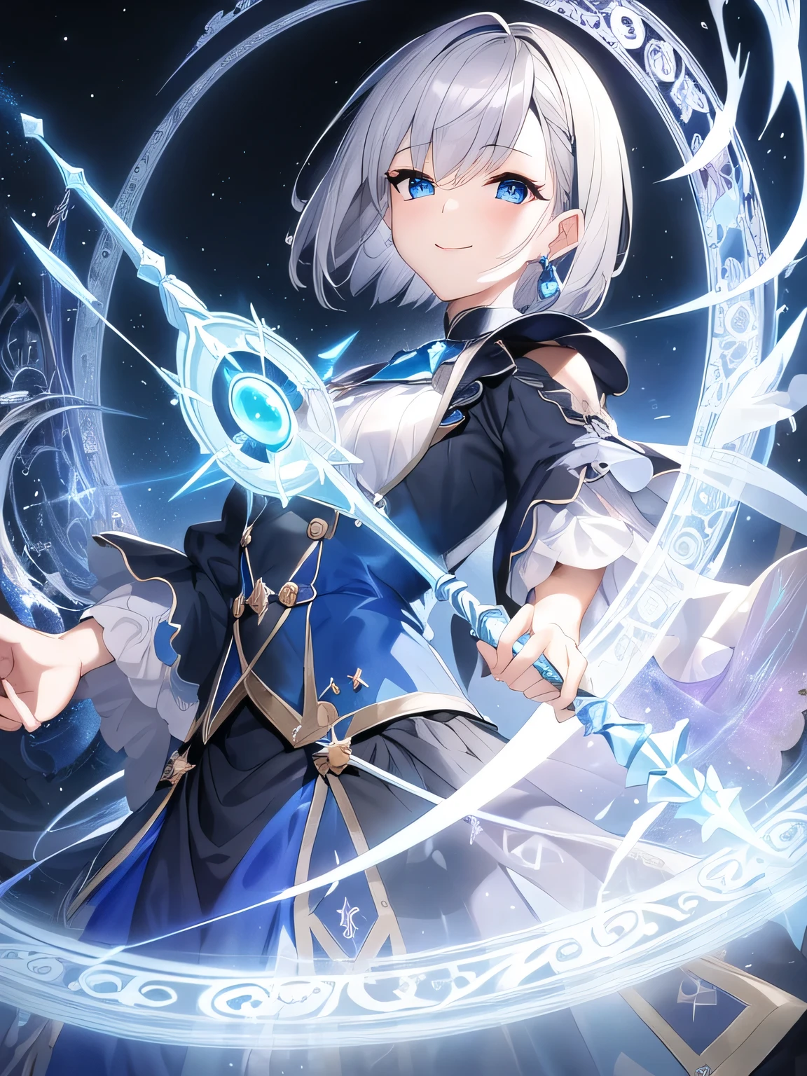 (masterpiece), highest quality, blue eyes, light gray hair,(short bob hair)、expressive eyes,A mysterious sight , highlight, dramatic lights, Black and White Fantasy Wizard Costume、earrings、smiling face、((small chest moonlit night background、A mysterious magic circle is drawn on the ground..、In his hand he holds a magic wand with a blue crystal on it.。、