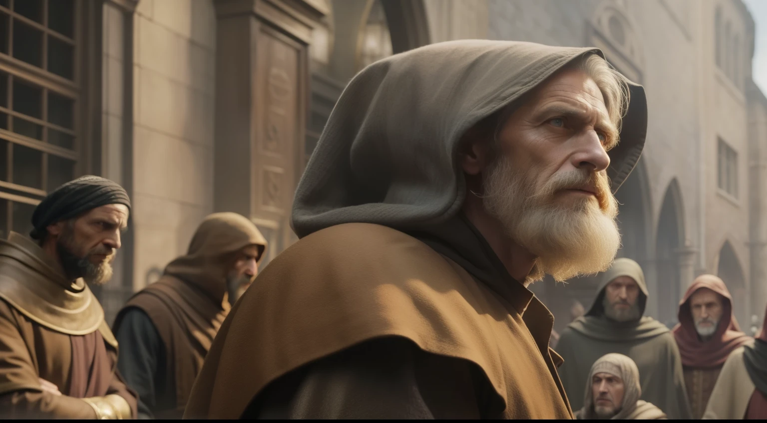 arafed man with a beard and a hood on standing in front of a group of people, portrait of merlin, willem dafoe in plague knight, still from a fantasy movie, still from a live action movie, by René Auberjonois, highly detailed vfx portrait of, monk, from netflix's arcane, scene from live action movie, merlin