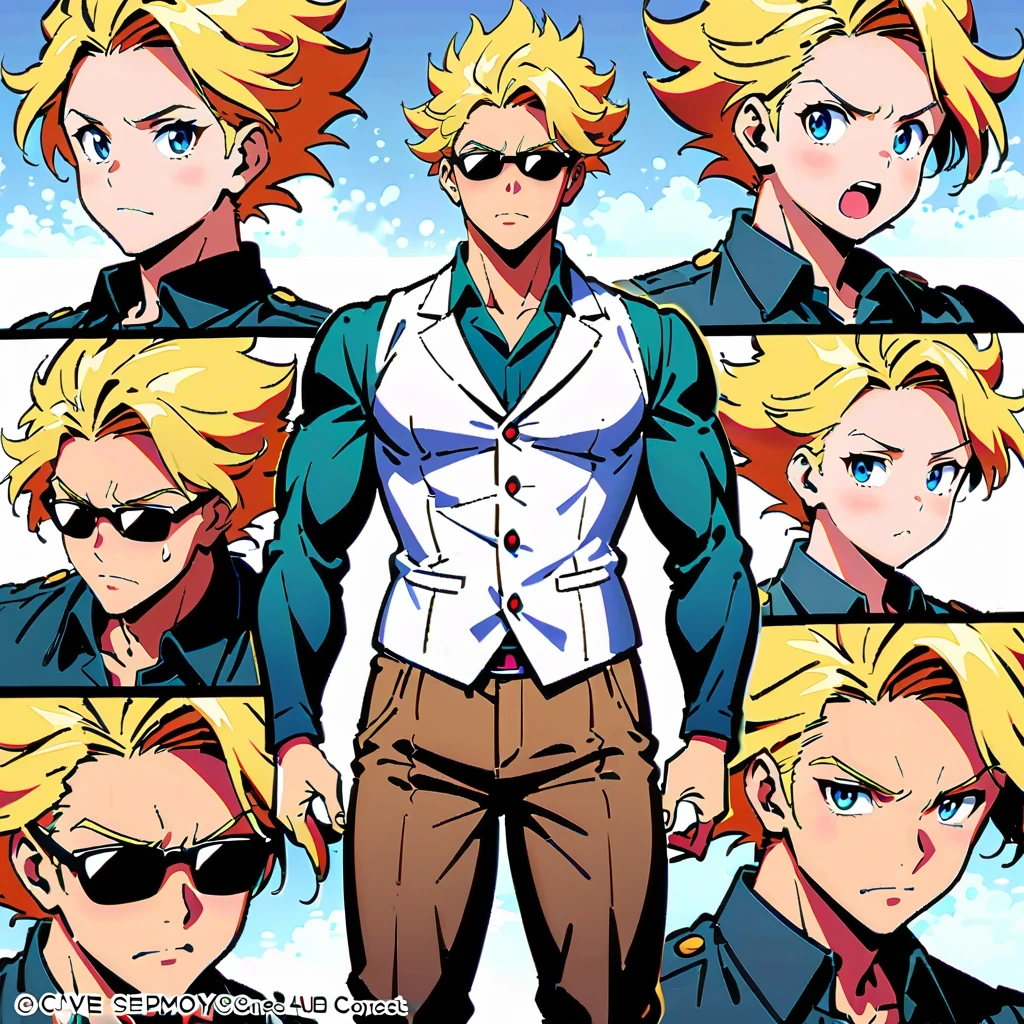 anime style characters, yellow hair, muscular man, Various poses and expressions, black sunglasses, black sleeveless shirt, white vest, long sleeve blazer, dark pants, Detailed full body concept art, Detailed anime character art, super cool, Inspired by concept art by Takanori Akiyama, Popular on Pixiv, Best Anime Character Design, Character reference table, Regeneration Stable Diffusion