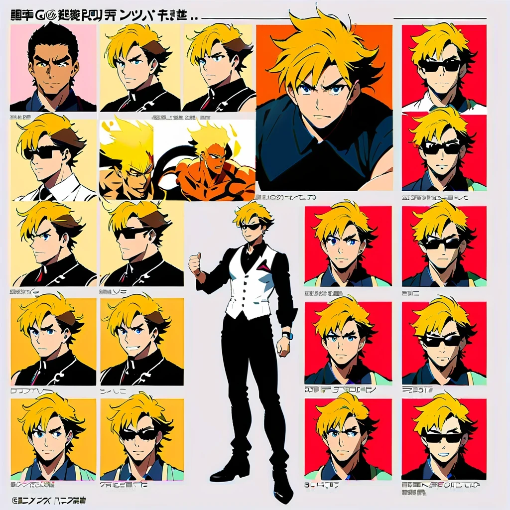 anime style characters, yellow hair, muscular man, Various poses and expressions, black sunglasses, black sleeveless shirt, white vest, long sleeve blazer, dark pants, Detailed full body concept art, Detailed anime character art, super cool, Inspired by concept art by Takanori Akiyama, Popular on Pixiv, Best Anime Character Design, Character reference table, Regeneration Stable Diffusion