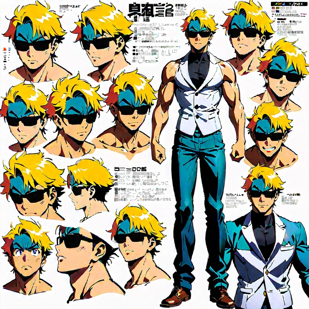 anime style characters, yellow hair, muscular man, Various poses and expressions, black sunglasses, black sleeveless shirt, white vest, long sleeve blazer, dark pants, Detailed full body concept art, Detailed anime character art, super cool, Inspired by concept art by Takanori Akiyama, Popular on Pixiv, Best Anime Character Design, Character reference table, Regeneration Stable Diffusion