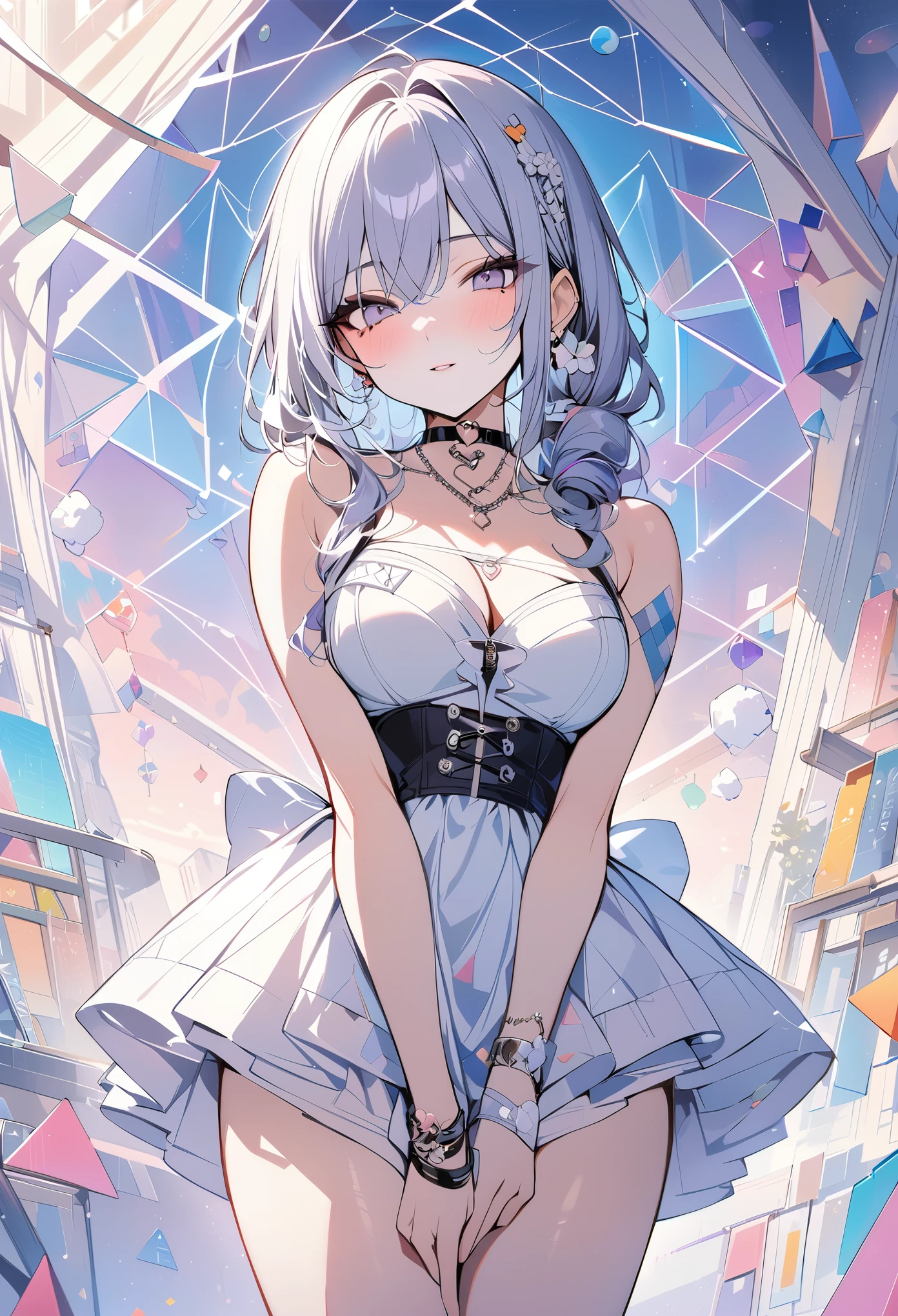 ,beautiful flower々),mole under eye, heart shaped choker, (masterpiece, highest quality), official art, beautiful and aesthetic: 1.2), (1 girl), very detailed, (geometry art: 1.3), colorful