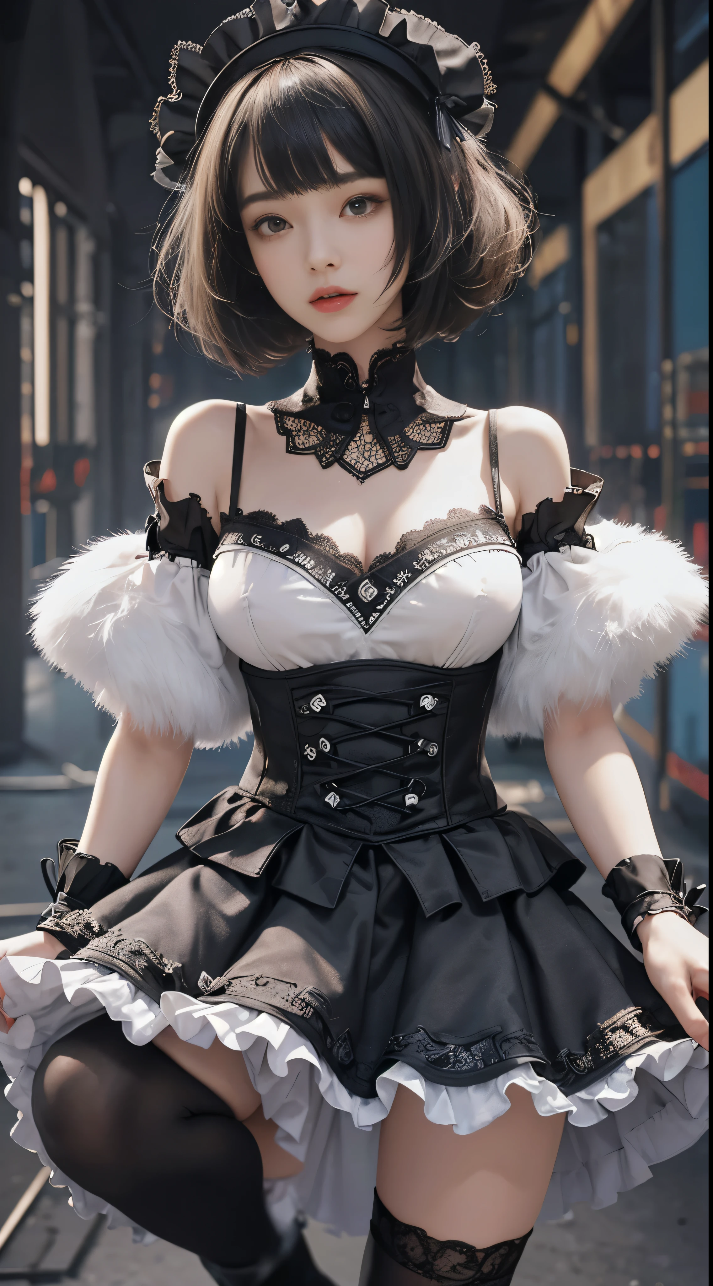 ((masterpiece))), (((Highest quality))), (((Very detailed))), Combat Action Pose, 1 female, (((Very thin body))), 18-year-old, (((short black bob, Fluffy and thick bangs))), Cosmetics Free, small, Thin Nose, small, Thin-lipped mouth, (((Very sharp focused eyes))), Large slit-shaped, Precise pale grey eyes, Shining like a jewel, Long eyelashes, ((Highly complex digital fashion, Gothic Fashion, Lace and frills , Overly decorative fashion)), (((Abandoned for the night, Sophisticated virtual fires and explosions))), (((Overall accuracy has been dramatically improved, creating a Very detailed and realistic image))).