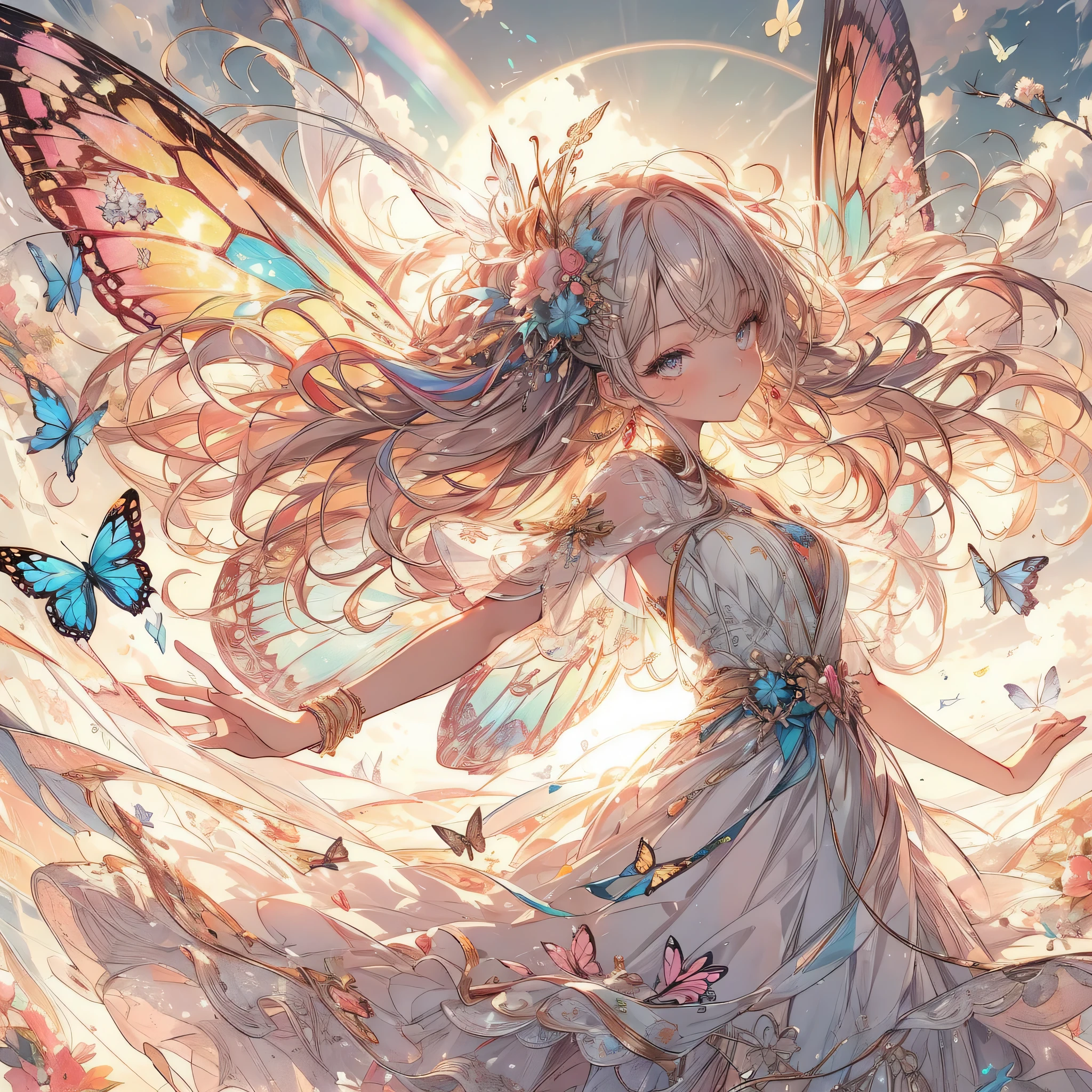 (exquisite, beautiful, very detailed, masterpiece, high quality, confused, High resolution, Full HD, Detailed background of writing,beautiful hands), (thin line:1.2,soft lines:1.2,beautiful and delicate face),(fairy princess,Has butterfly-like fairy wings.),(sun,daytime,beautiful sky,rainbow,sunの下で元気に踊る),((super wide shot,Ultra wide angle of view,whole body)), ((fun,smile,full of energy)), (medium hair:1.5), (dancer&#39;hair ornaments,earrings,beautifulチョーカー,Gold ankles),((dancer dress,pastel colour,Fairy wings from the back)),(deep pink cheeks,plump pink lips,big bust,Fair skin, good style), (sunの光,pastel colour,bright atmosphere,colorful,highly saturated,fantasy),