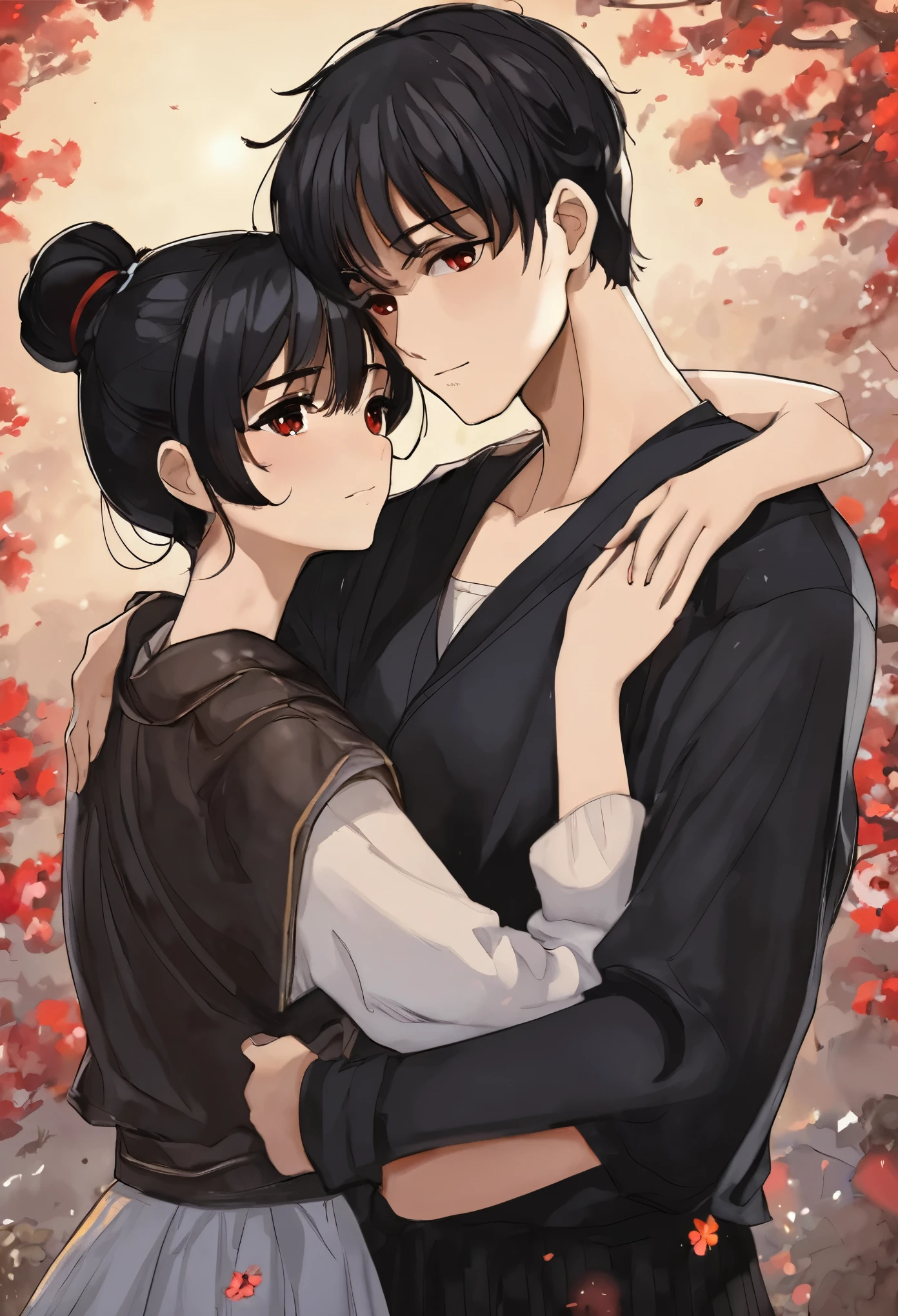 couple, 1 Girl 1 Boy, different color, Girl with black hair,Bun and red eyes, Boy with short dark brown hair and gray eyes, Romance, (The girl hugs the boy from behind)