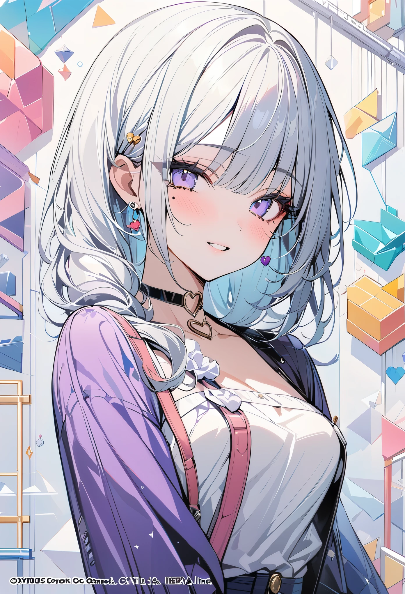 ,beautiful flower々),mole under eye, heart shaped choker, (masterpiece, highest quality), official art, beautiful and aesthetic: 1.2), (1 girl), very detailed, (geometry art: 1.3), colorful