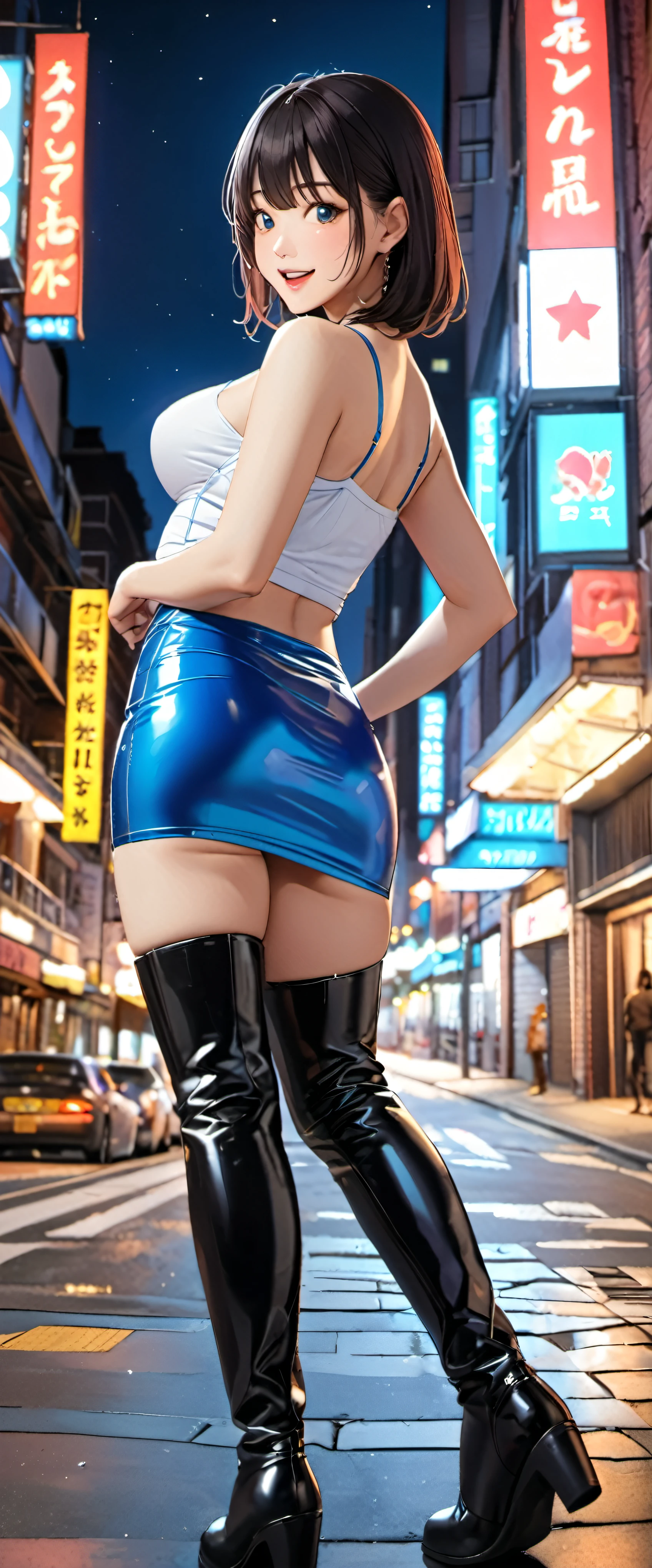 woman,20-year-old,,city,night,(((white and blue tight miniskirt))),,open mouth smile((leather thigh high boots))(),((black hair)),blush、surprised face,((())),((look back))(wet with sweat)Reflecting the buttocks